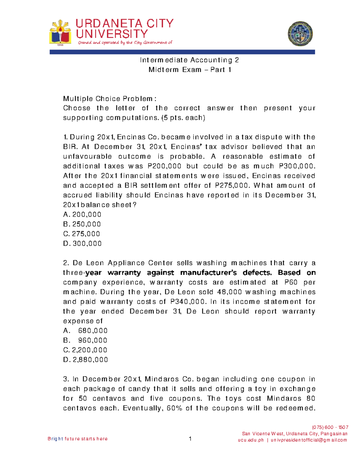 Midterm Exam - Intermediate Accounting 2 - Part 1 Questions - Studocu