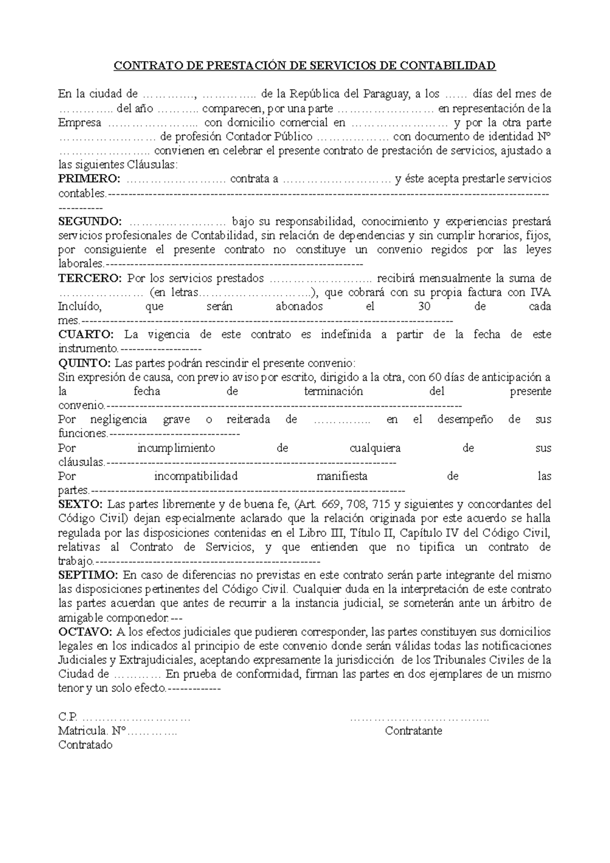 Modelos de Contrato de Prestación de Servicios Contables y Consultoría ...