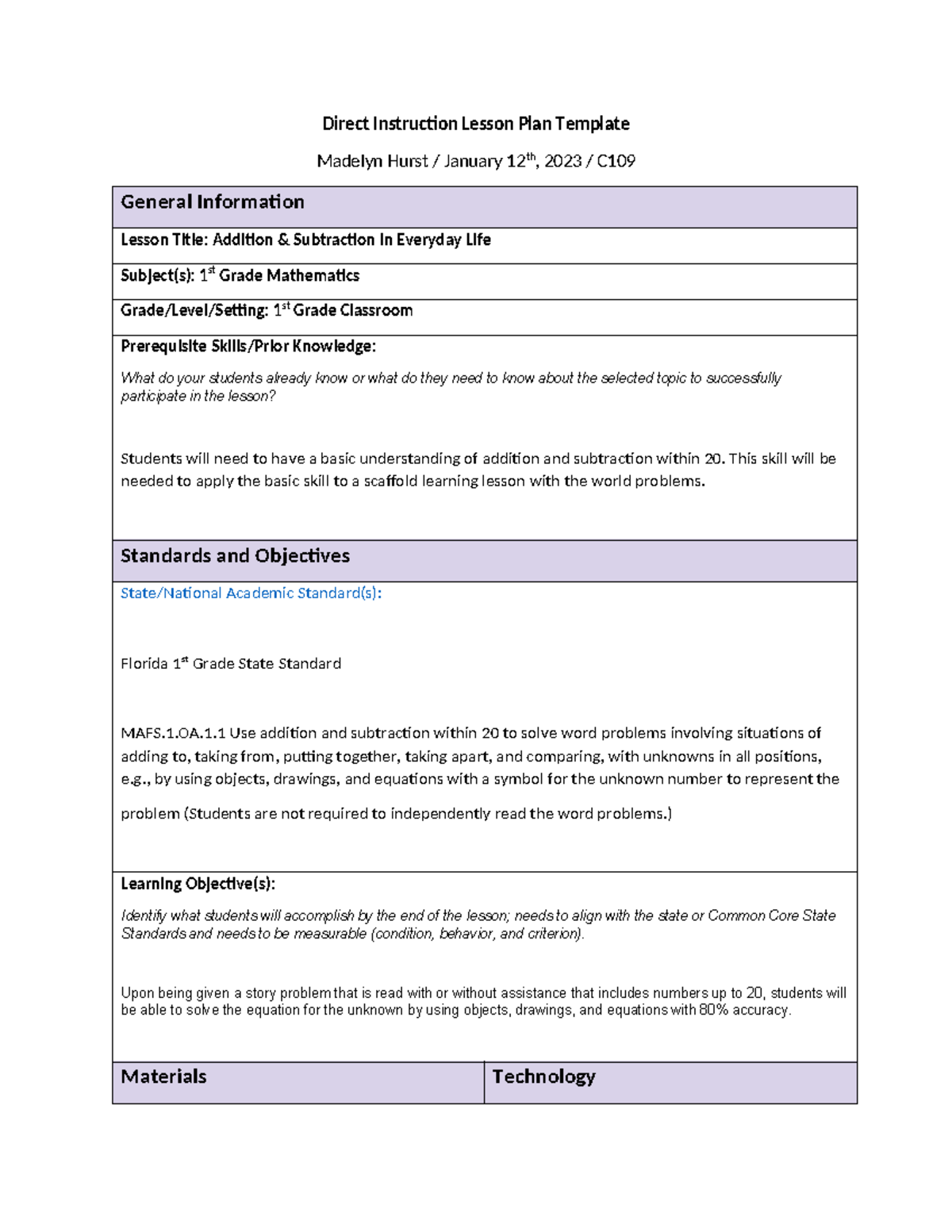 C109 Lesson Plan: Addition & Subtraction for 1st Grade Students - Studocu