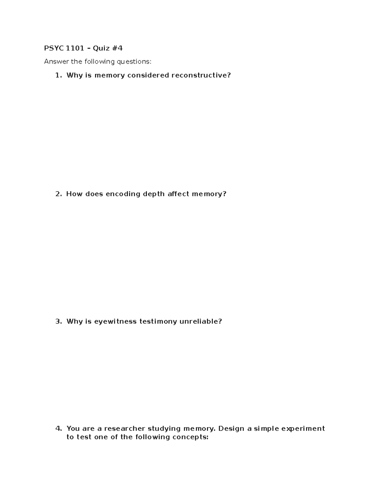 PSYC 1101 Quiz #4: Memory Concepts and Research Design - Studocu