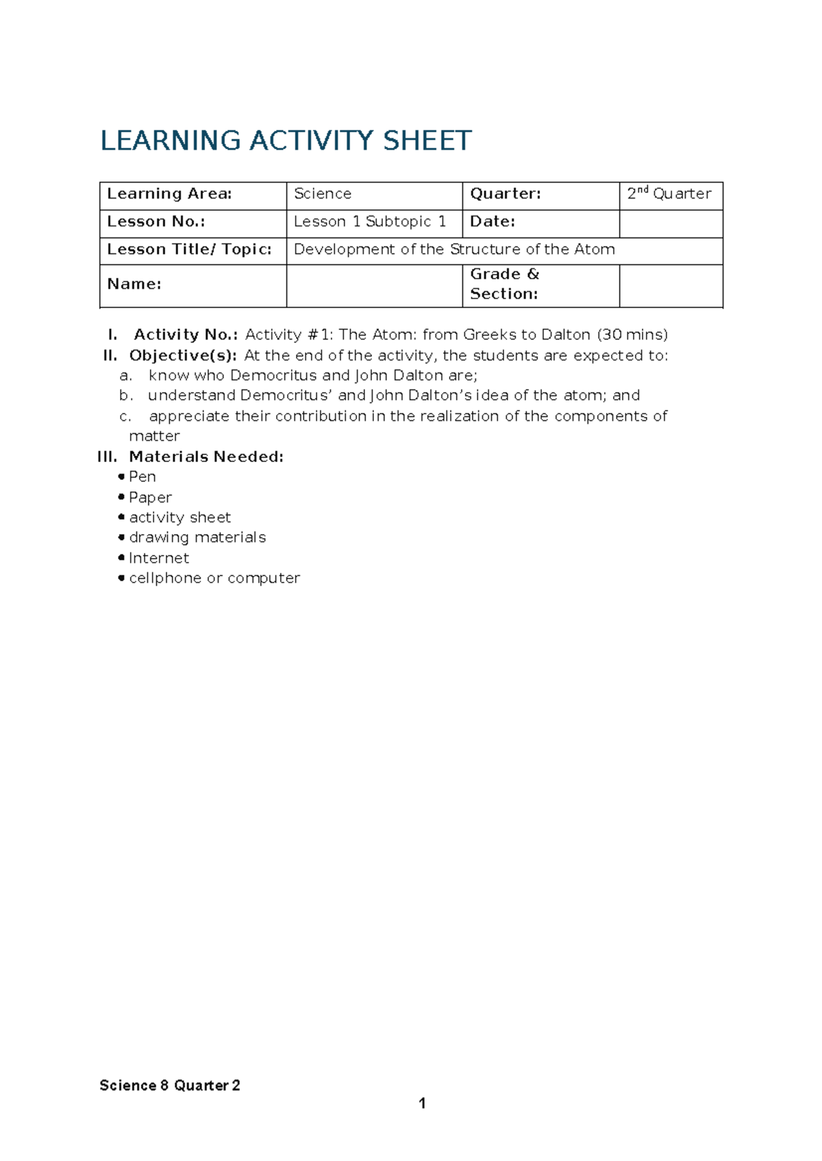 Learning Activity Sheet 1: Development of the Atom - Science 8 Q2 - Studocu