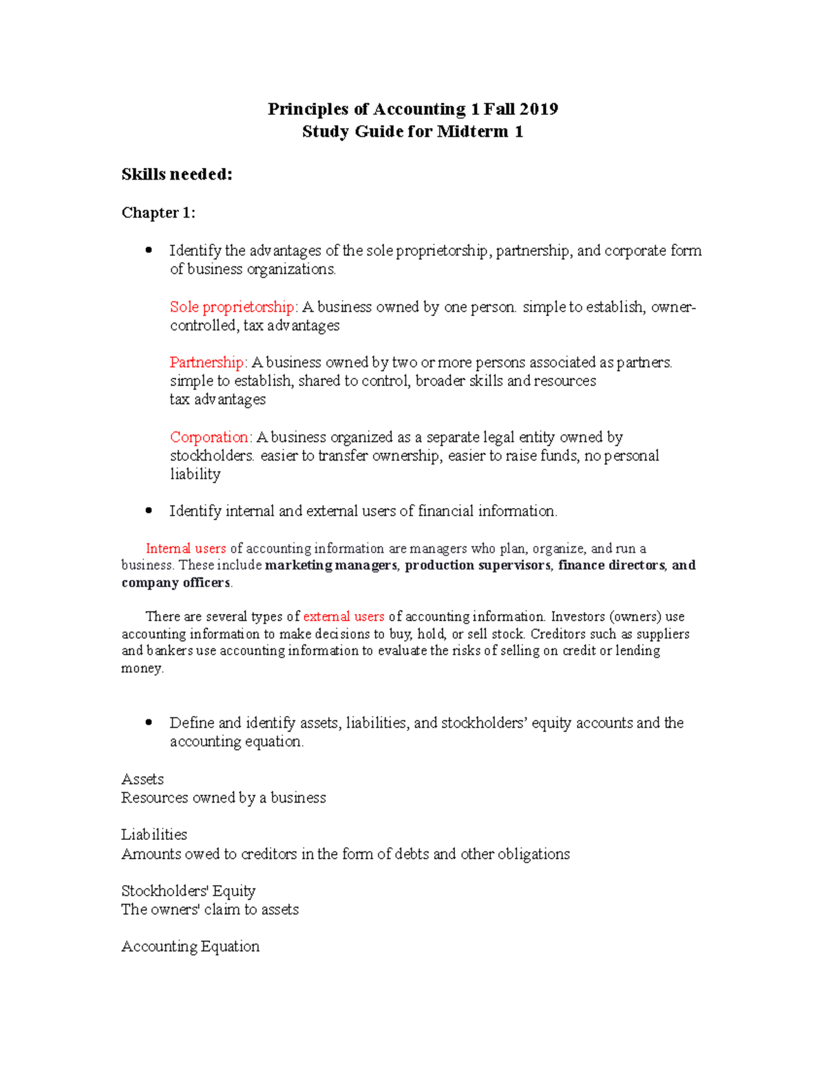 Study Guide Midterm 1 Fall 2019 - Principles of Accounting 1 Fall 2019 ...