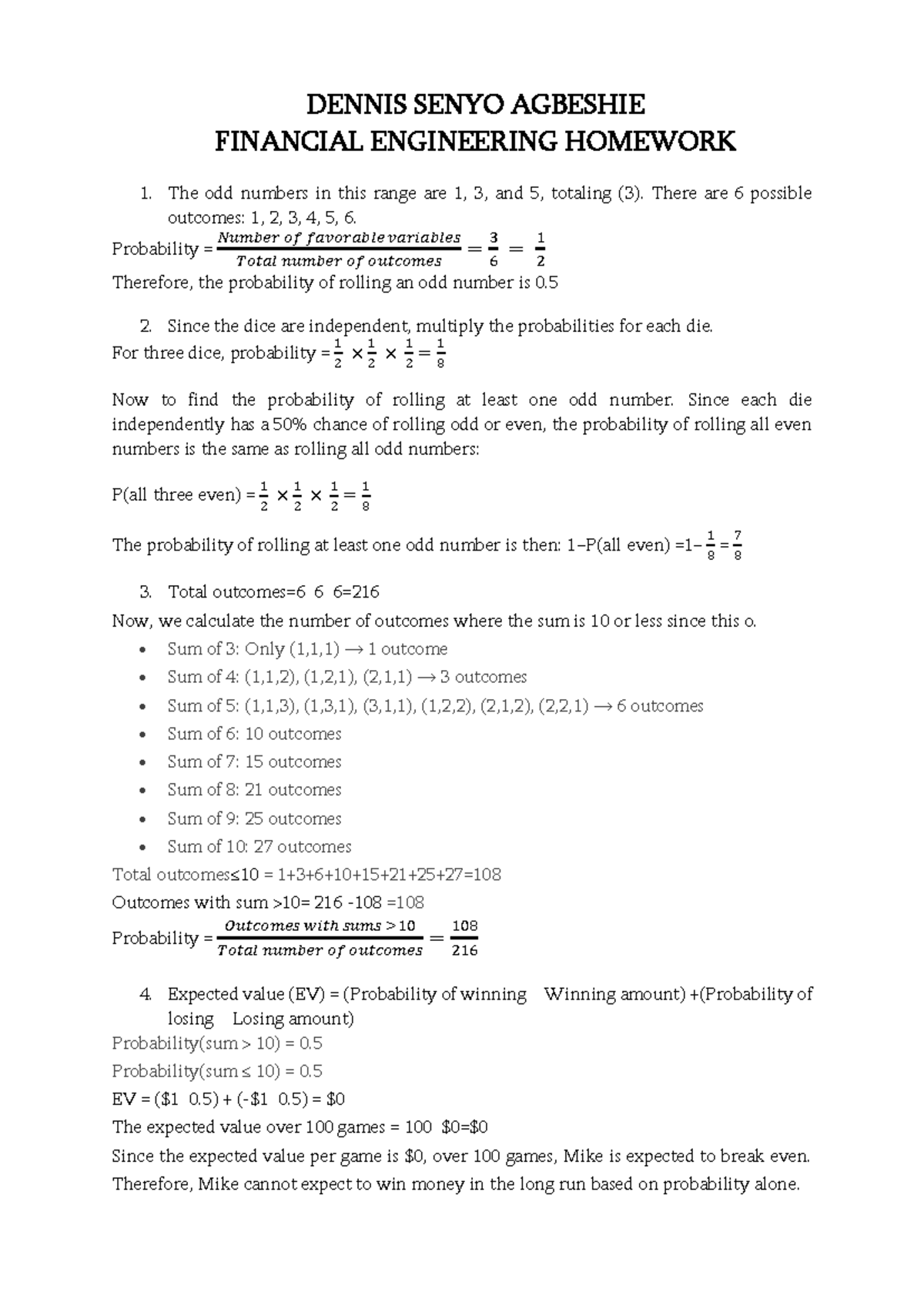 Assignment 1 - Financial Engineering - DENNIS SENYO AGBESHIE FINANCIAL ...