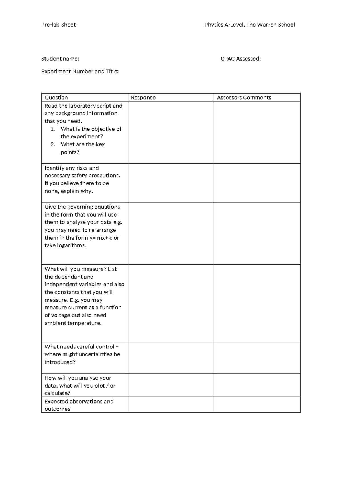 Pre-lab Pro-forma - 4rf44f4 - Pre-lab Sheet Physics A-Level, The Warren ...
