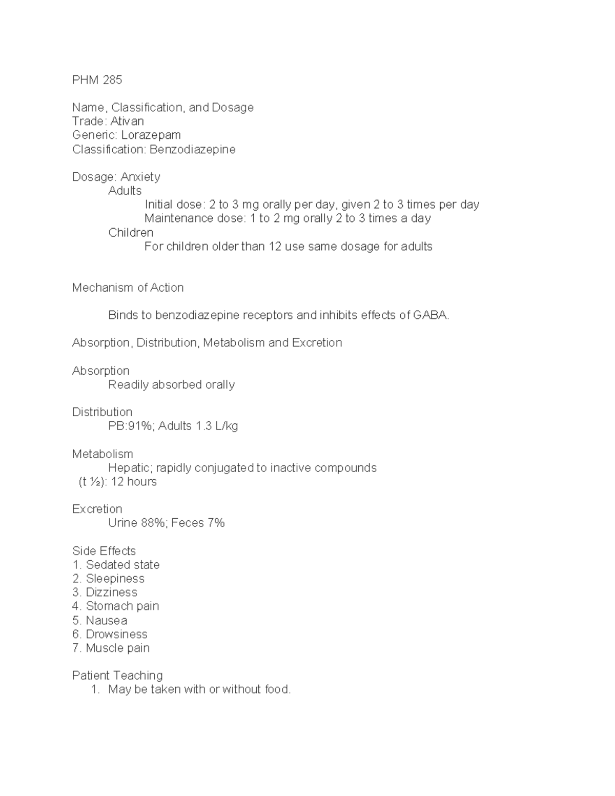 PHM 285 - Drug Card 5: Ativan (Lorazepam) Reference Guide - Studocu