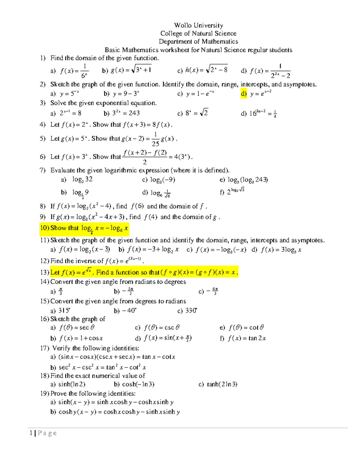 Maths for Natural Science: Basic Worksheet Exercises - Studocu