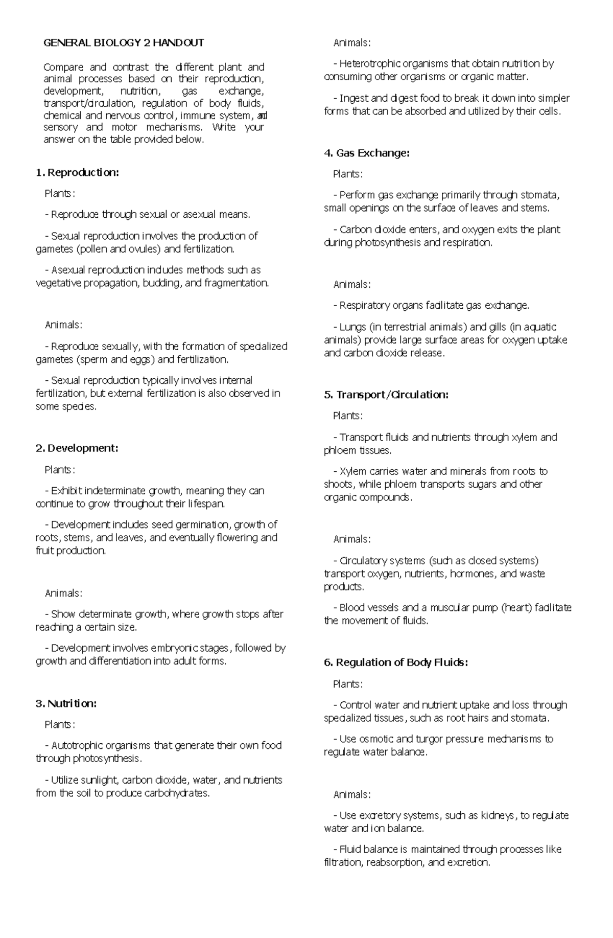 BIO 2 Handout: Comparing Plant & Animal Processes in Q2 - Studocu