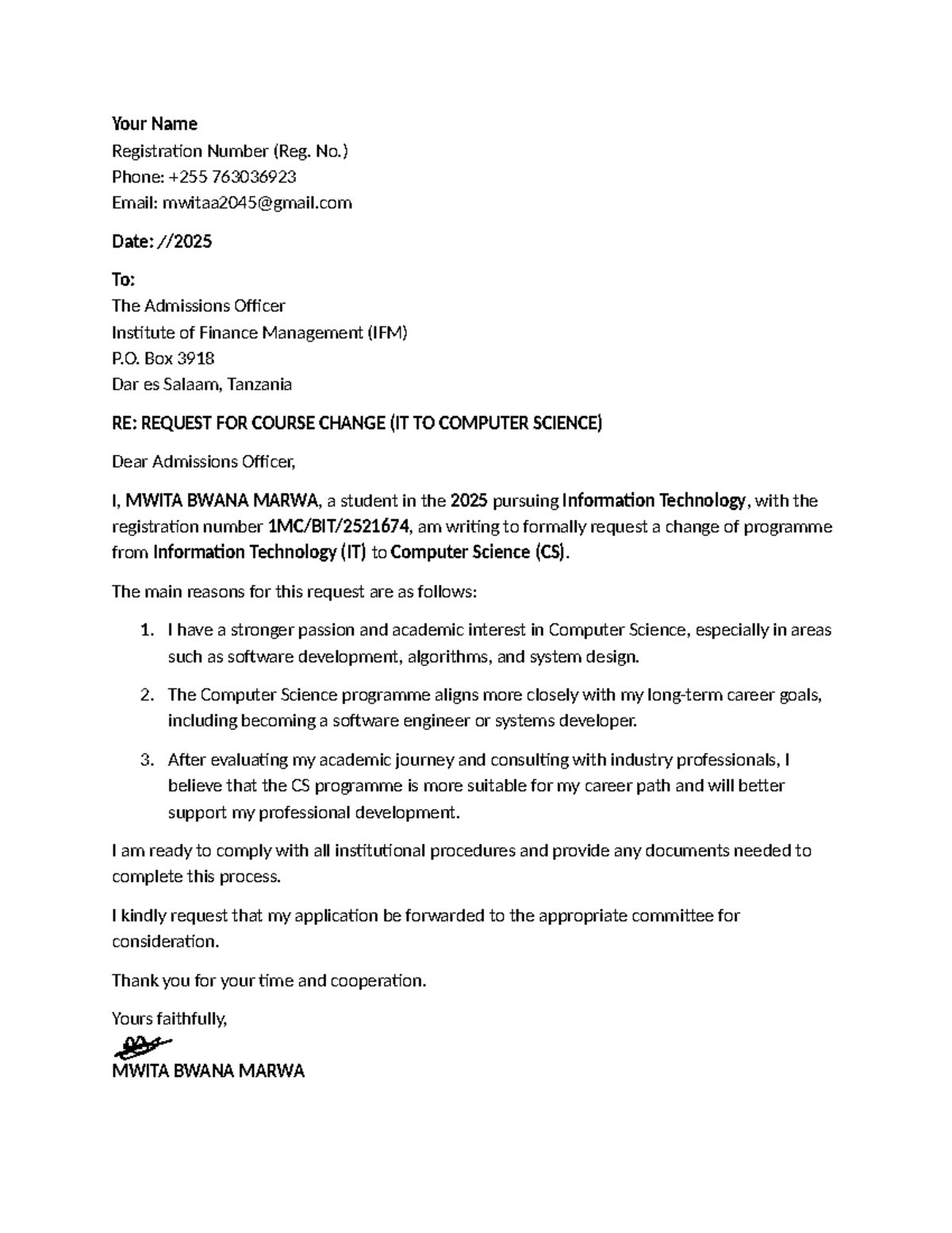 Request for Course Change: IT to CS - MWITA BWANA MARWA - Studocu