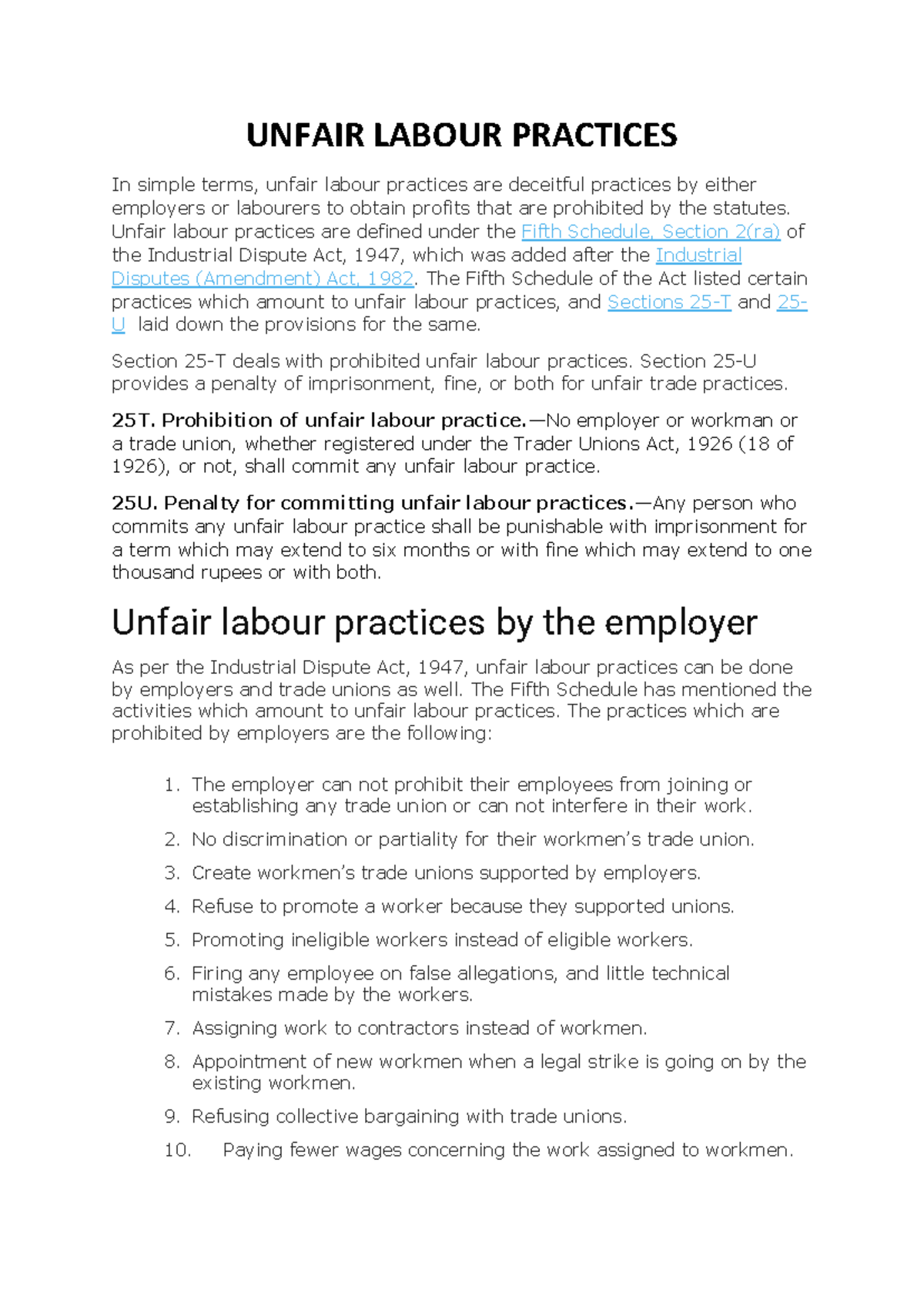 Unfair Labour Practices: Overview & Key Legal Provisions - Studocu