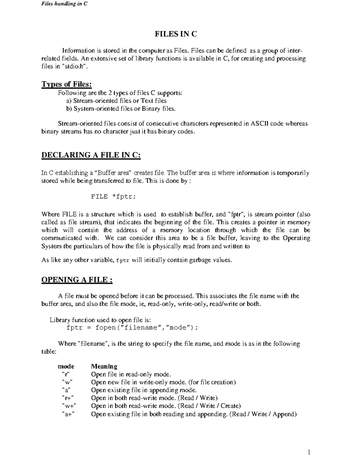 Files Handling in C - Class Notes for File Programming - Studocu