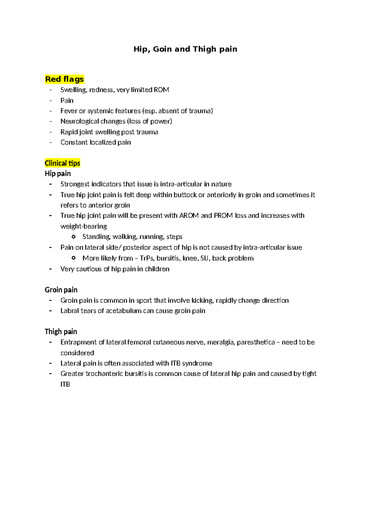 Hip, Groin, and Thigh Pain: Clinical Red Flags and Diagnoses - Studocu