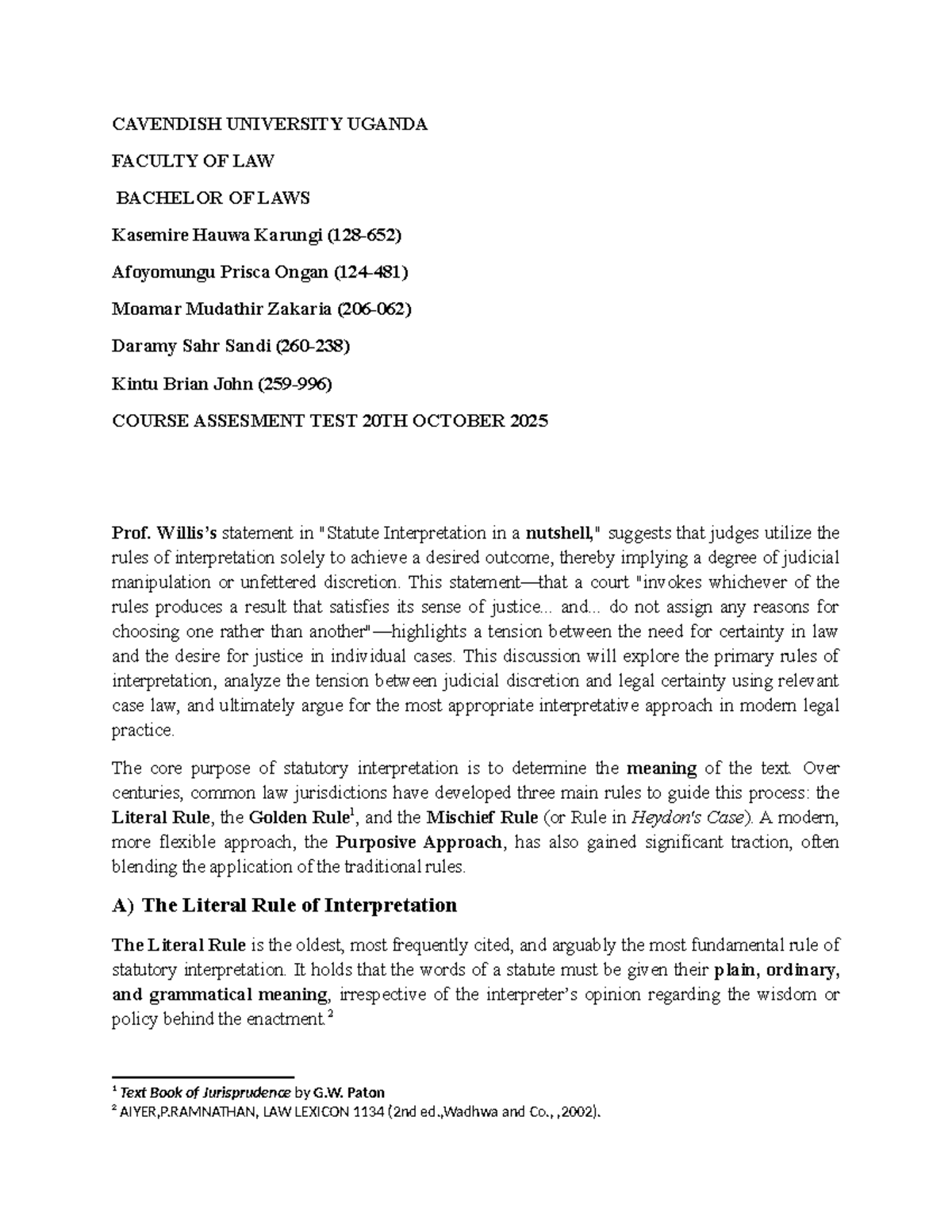 Legal Methods CAT 1 Group Work: Statutory Interpretation Analysis - Studocu