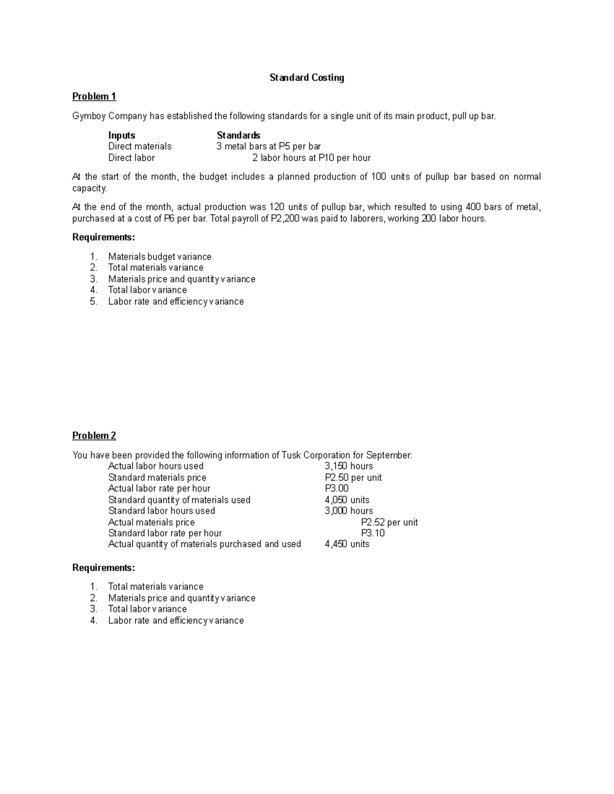 7. Standard Costing Analysis and Variance Computation Exam - Studocu