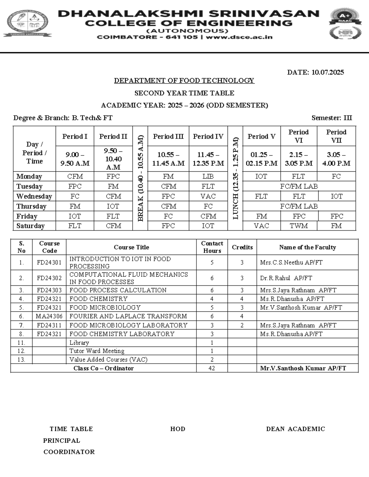 Food Technology 2nd & 3rd Year Time Table 2025-2026 (Odd Sem) - Studocu