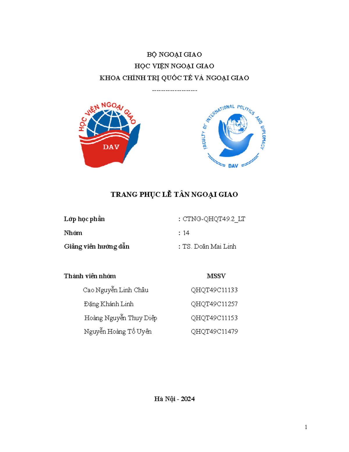 CNTG-QHQT49.2_LT - Trang Phục Lễ Tân Ngoại Giao Nhóm 14 - Studocu