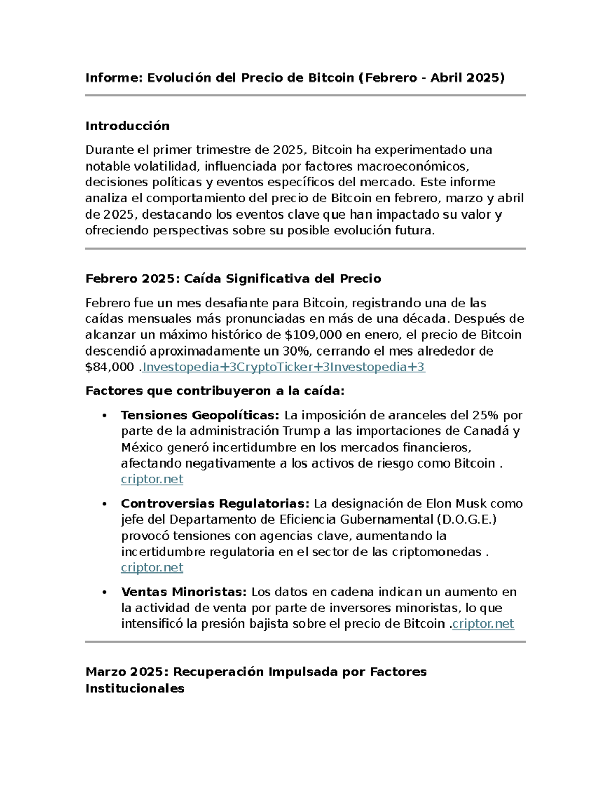 Informe sobre el Precio de Bitcoin - Trimestre 1 2025 - Studocu