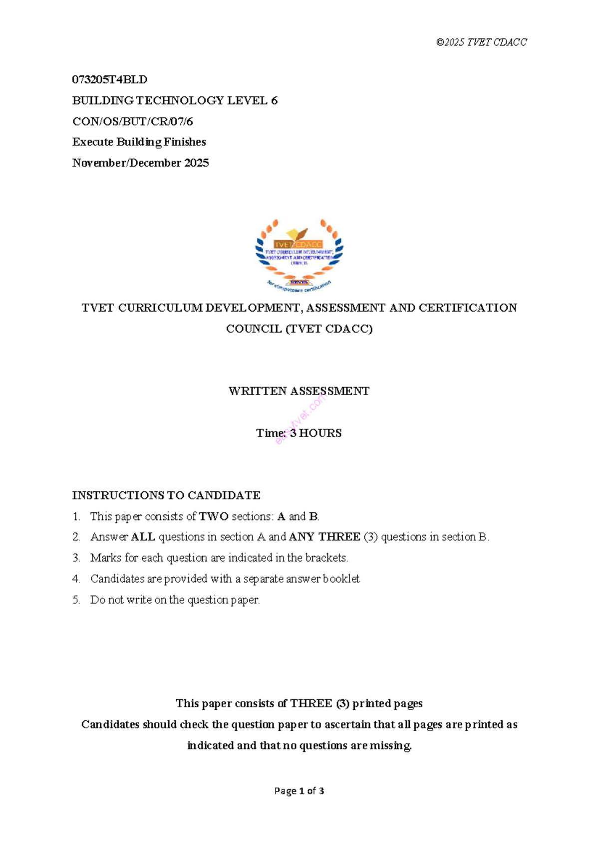 TVET CDACC 073205T4BLD Level 6 Building Finishes Written Assessment ...