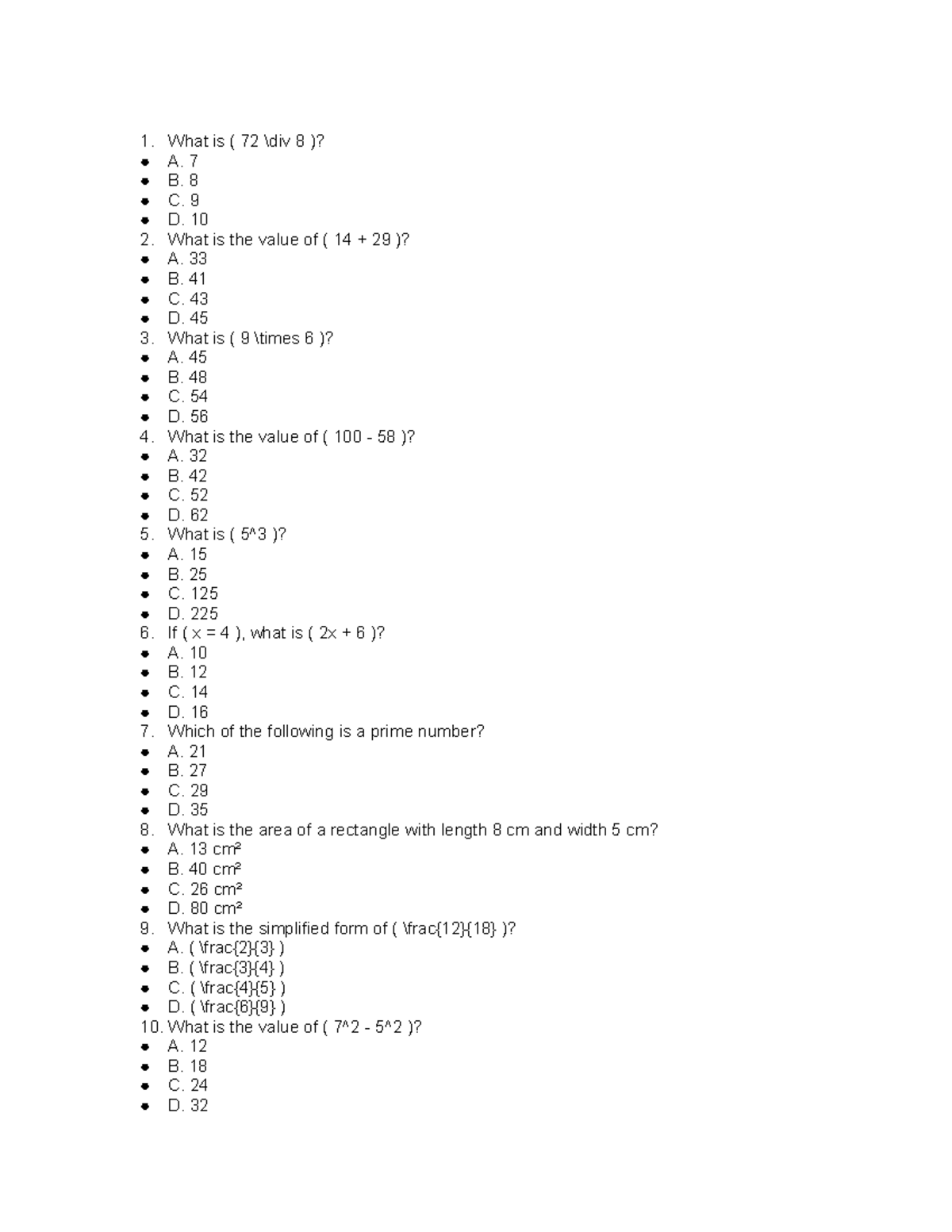 Math Quiz Questions and Answers for Course Code 72 8 - Studocu