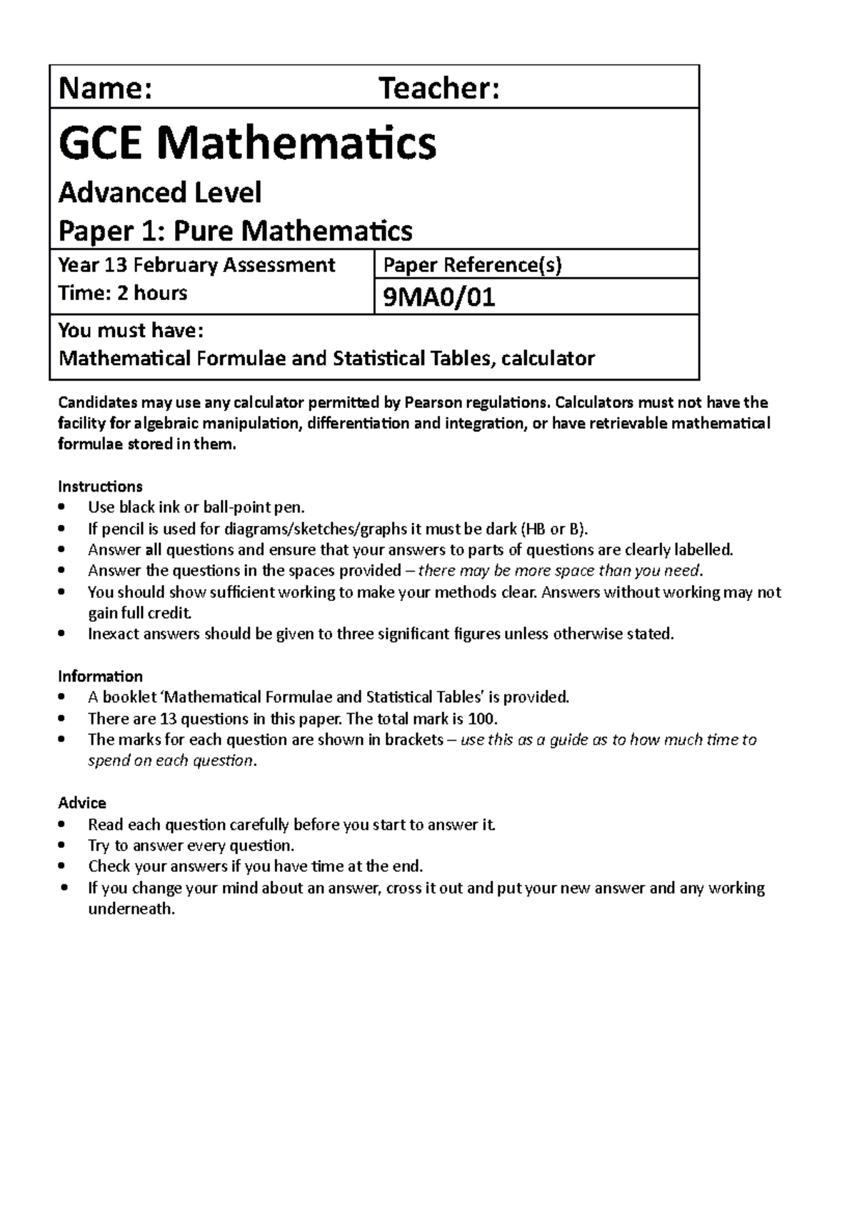 Year 13 GCE Pure Maths Mock Paper 2019 Solutions Guide - Studocu