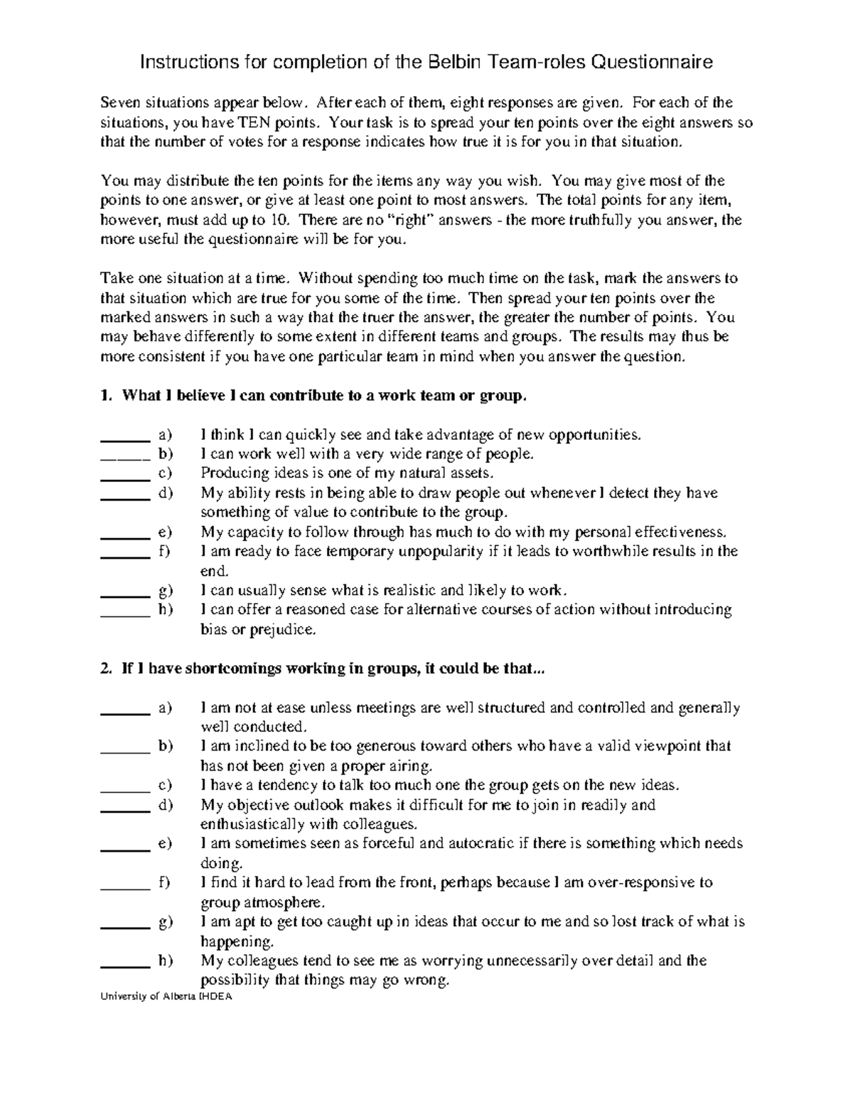 Belbin Team Role Questionnaire Instructions - University of Alberta ...
