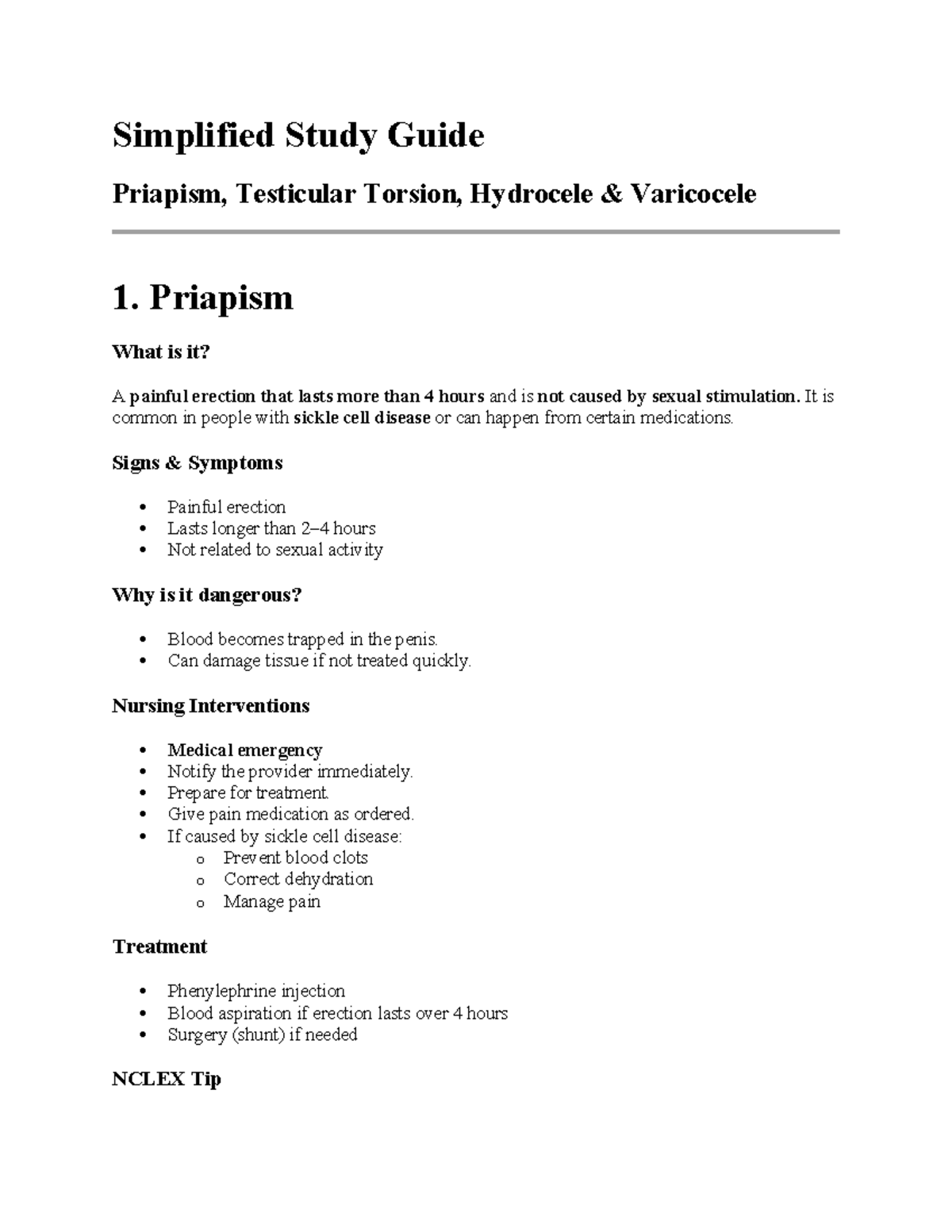 Simplified Study Guide: Priapism, Testicular Torsion, Hydrocele ...