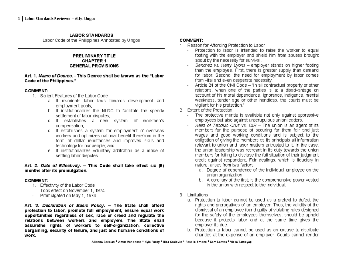 Labor Law 1 Reviewer - Key Highlights by Ungos - Studocu