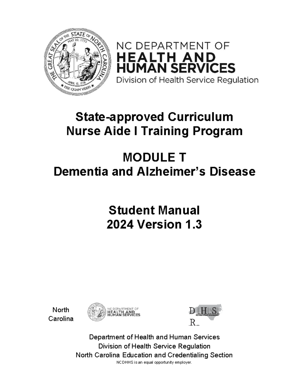 Nurse Aide I Training Program: Module T - Dementia & Disease Manual ...