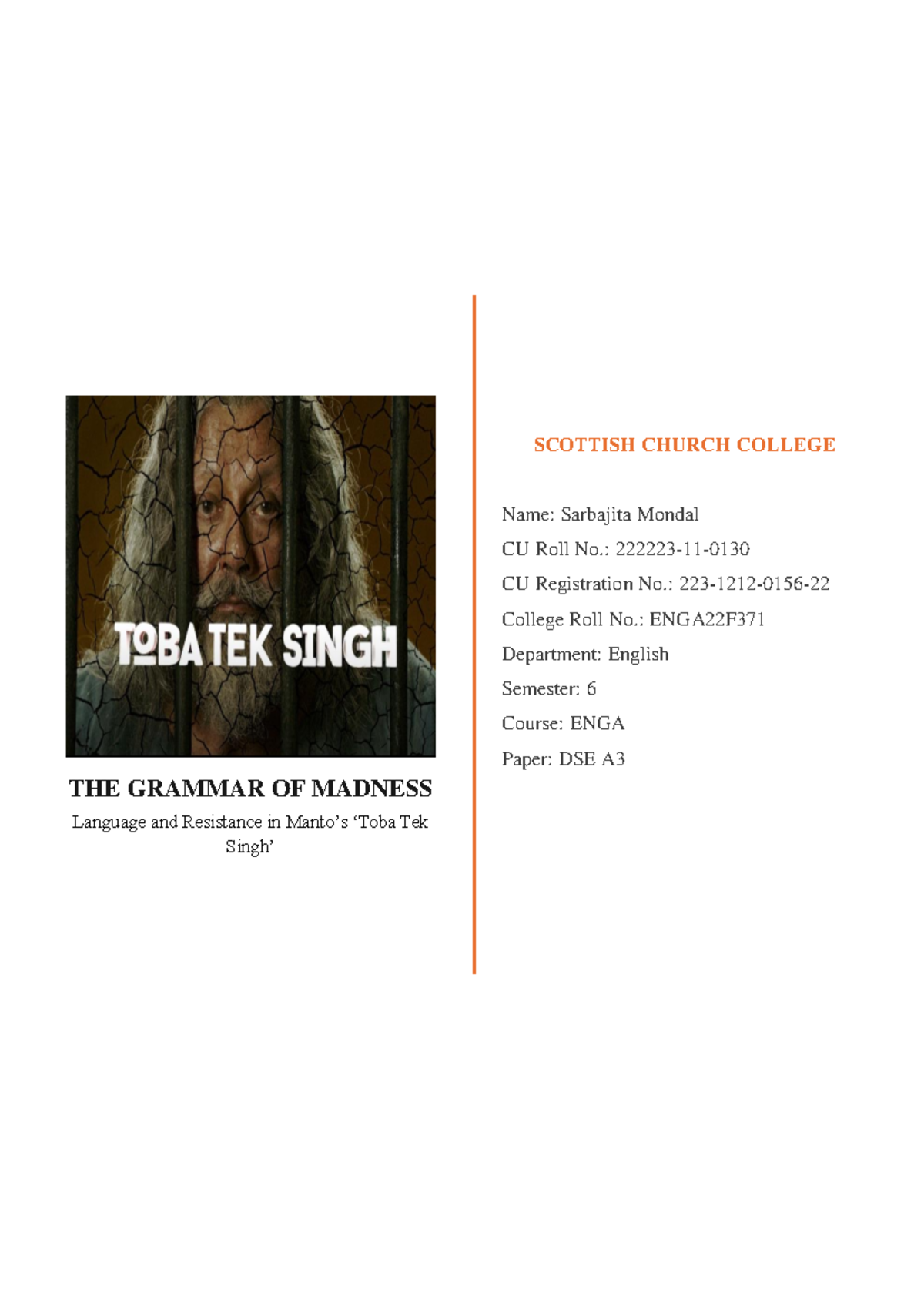 ENGA DSE A3: Language and Resistance in Toba Tek Singh Analysis - Studocu