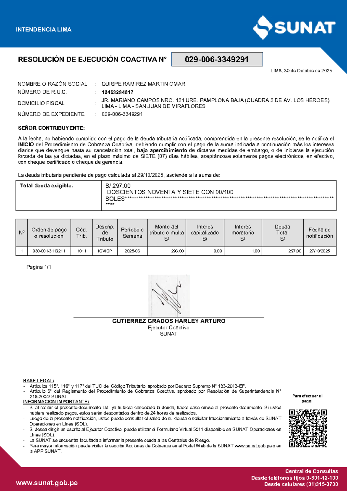 Resolución de Ejecución Coactiva SUNAT - Quispe Ramirez 2025 - Studocu
