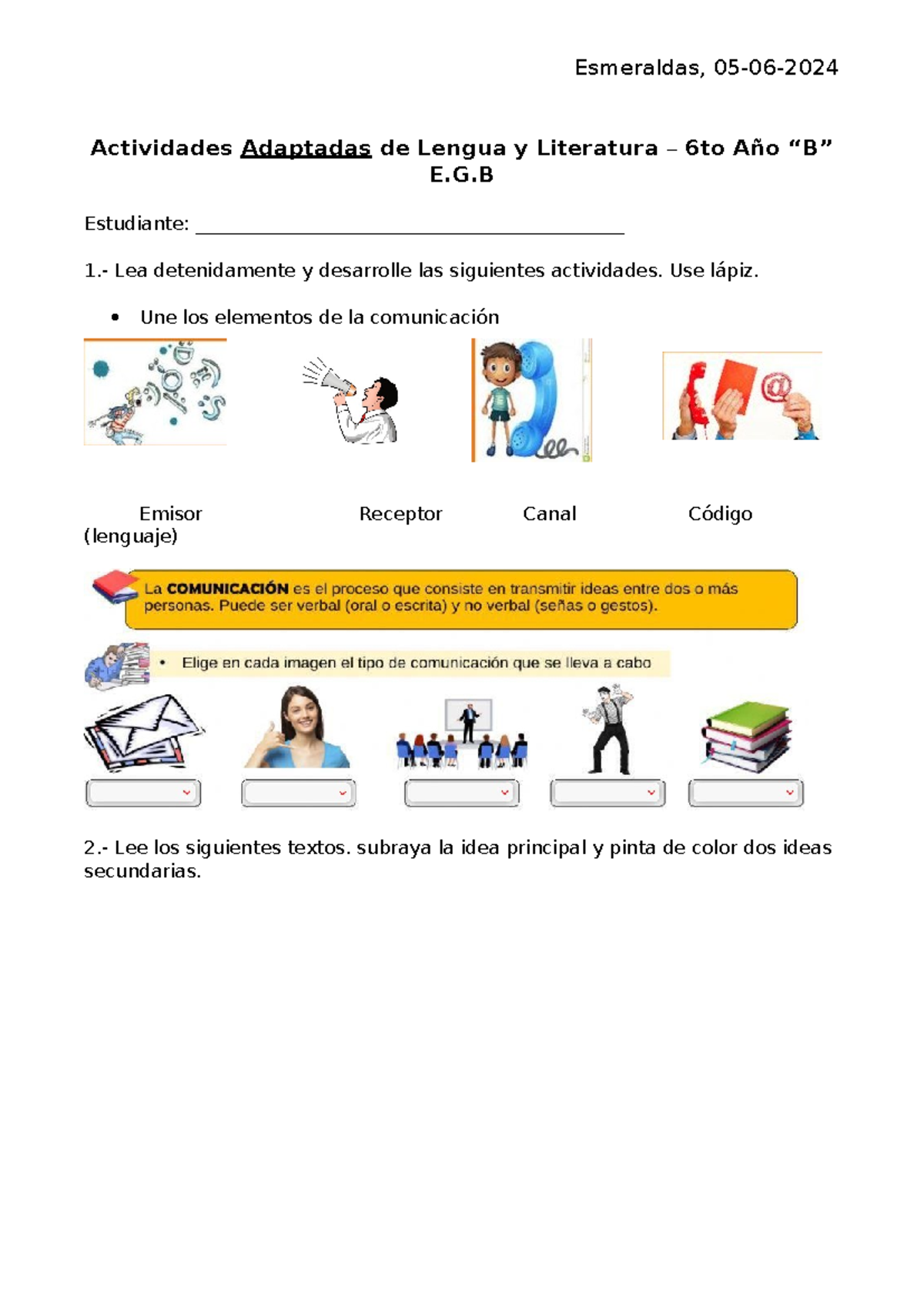 Actividades Adaptadas de Lengua y Literatura 6to Año E.G.B - 05/06/2024 ...