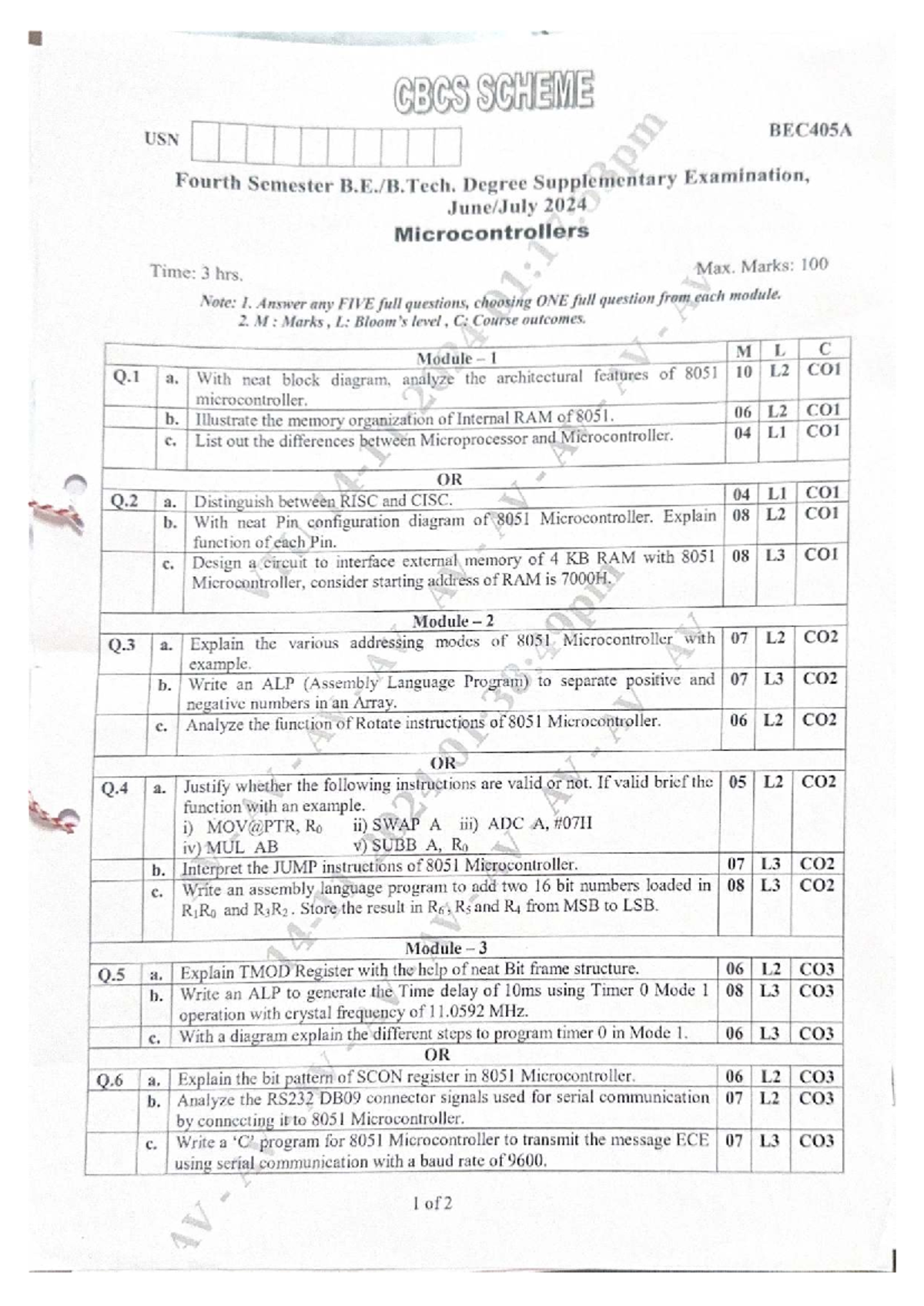 Microcontroller BEC405A Fourth Sem Supplementary Exam QP 2024 - Studocu