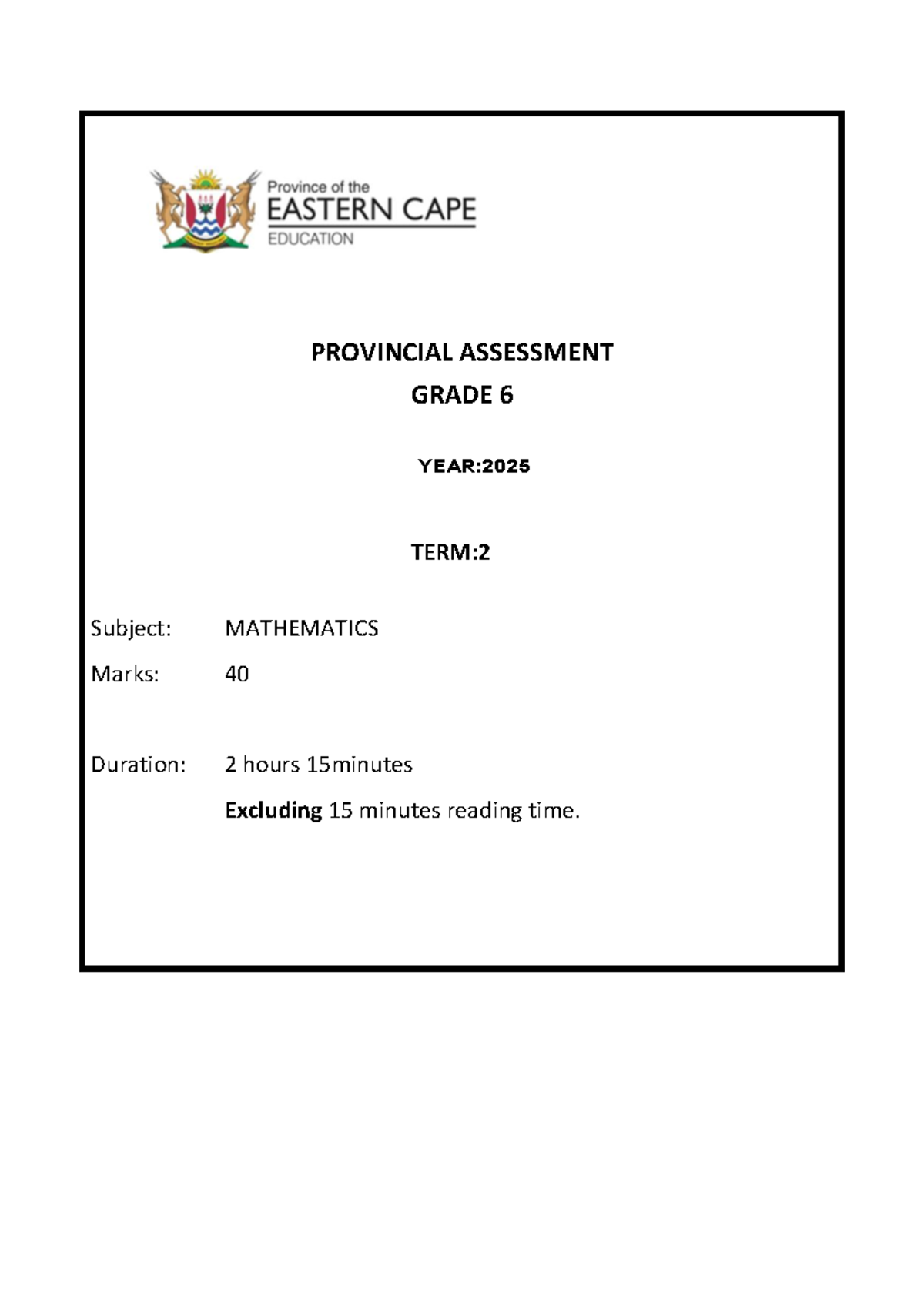 Grade 6 Mathematics Term 2 Assessment QP 2025 - Studocu