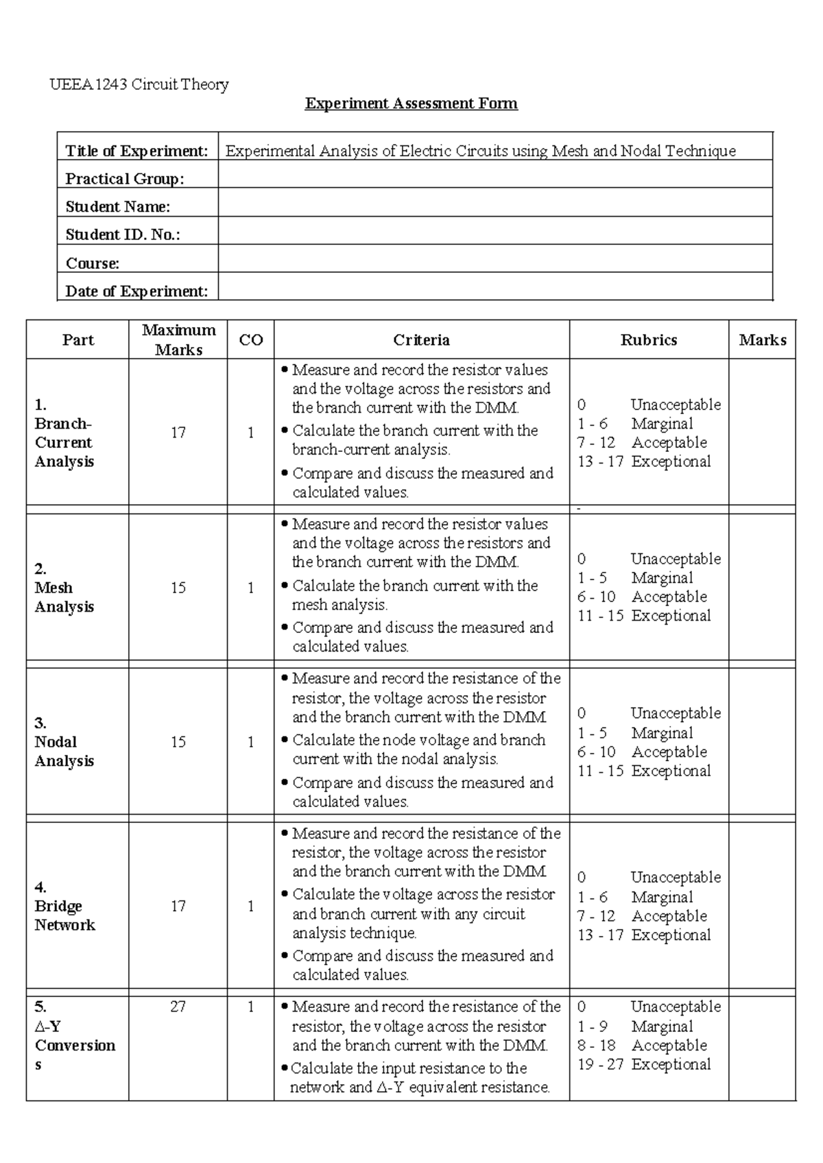 UEEA1243 Practical 1Q Experiment Report: Electric Circuits Analysis ...