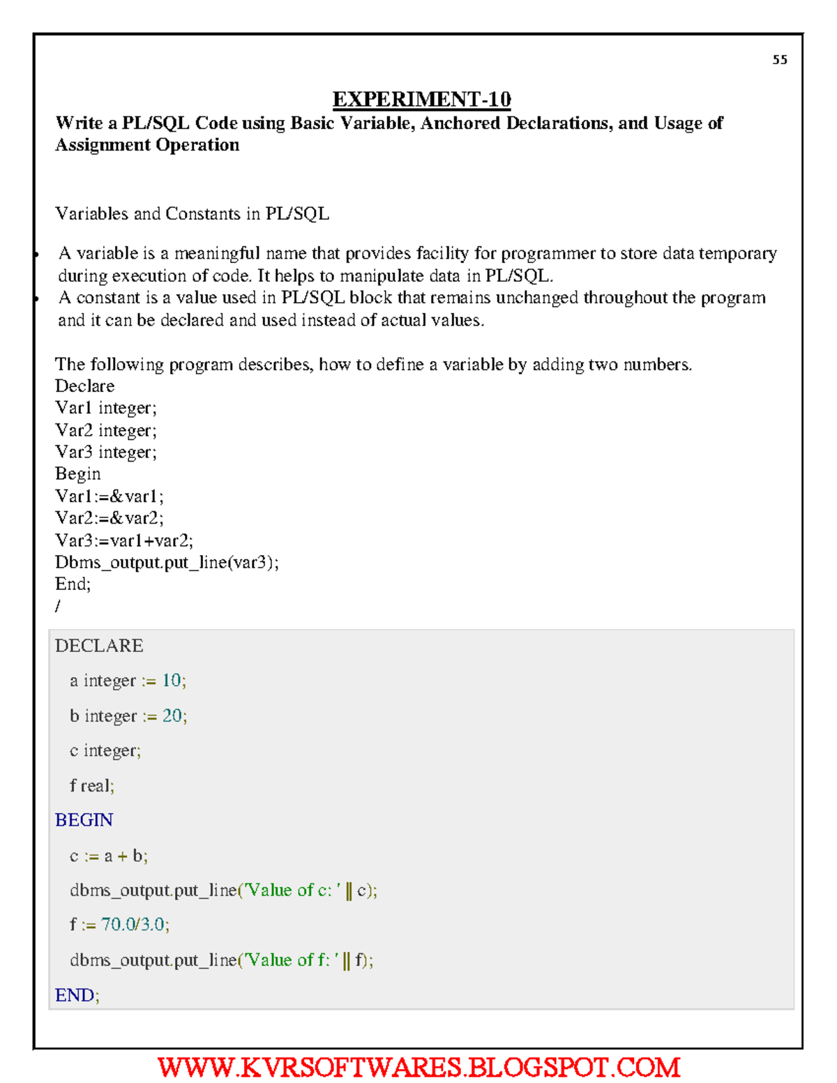 DBMS LAB-EXP-10: PL/SQL Variables, Constants & Assignment Operations ...