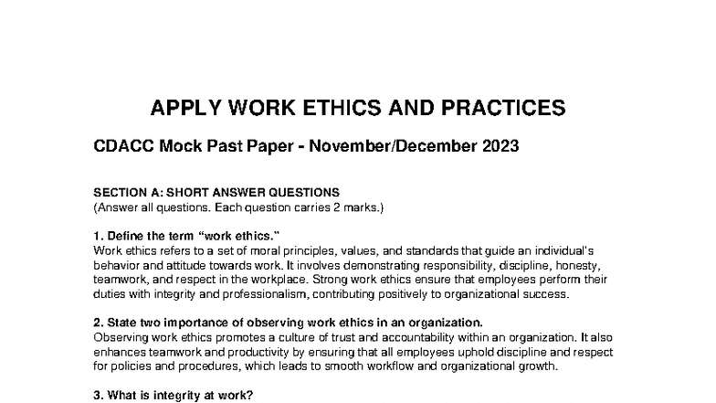 CDACC Work Ethics & Practices Mock Paper Nov-Dec 2023 - Studocu