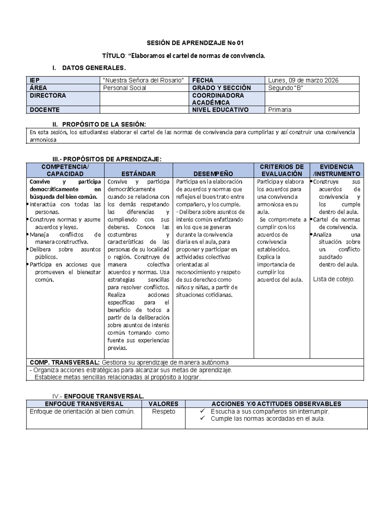 SESION DE APRENDIZAJE No 01: Cartel de Normas de Convivencia - Studocu