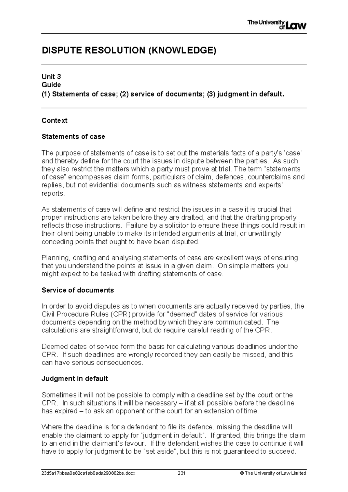 Dispute Resolution (WS03 CE01) Unit 3: Statements of Case & Judgment in ...
