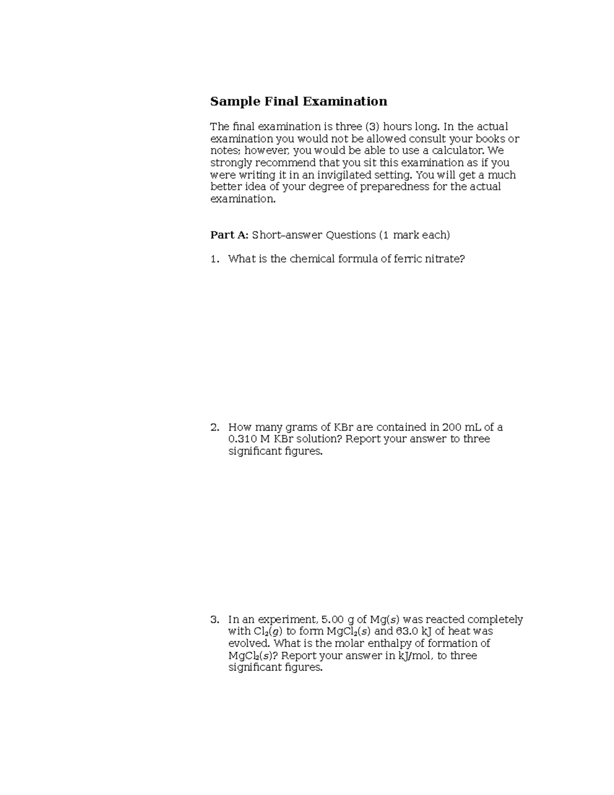 Sample Final Exam Study Guide for Chem 217: Practice Questions - Studocu
