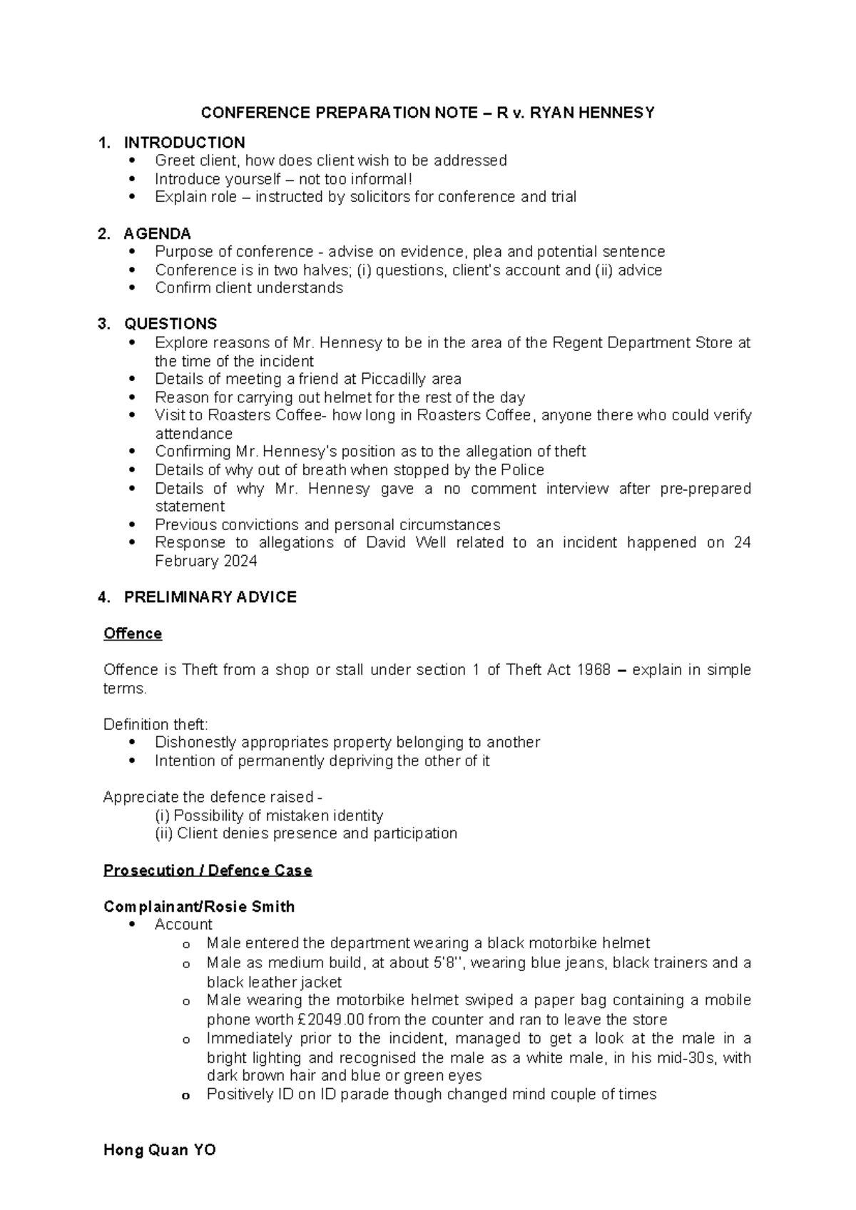 Conference Prep Note: R v. Ryan Hennesy - Legal Strategy & Advice - Studocu