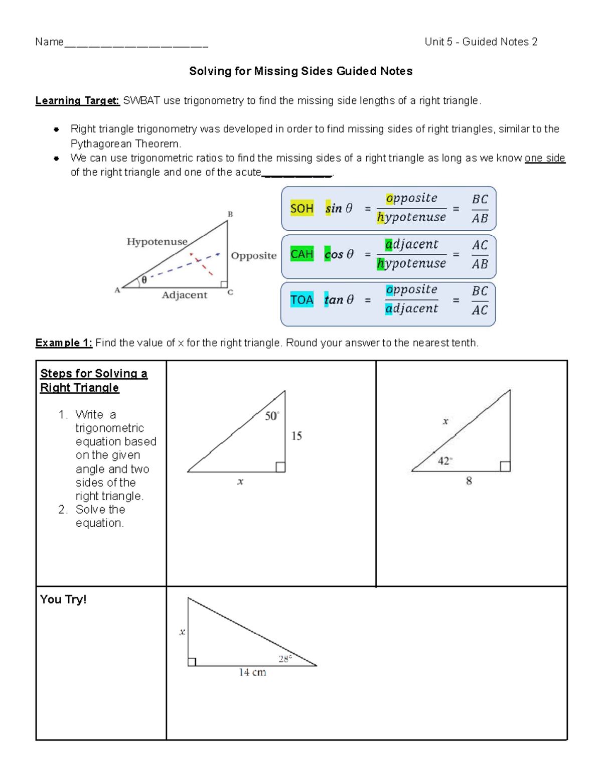 Unit 5 Guided Notes: Solving for Missing Sides in Right Triangles - Studocu