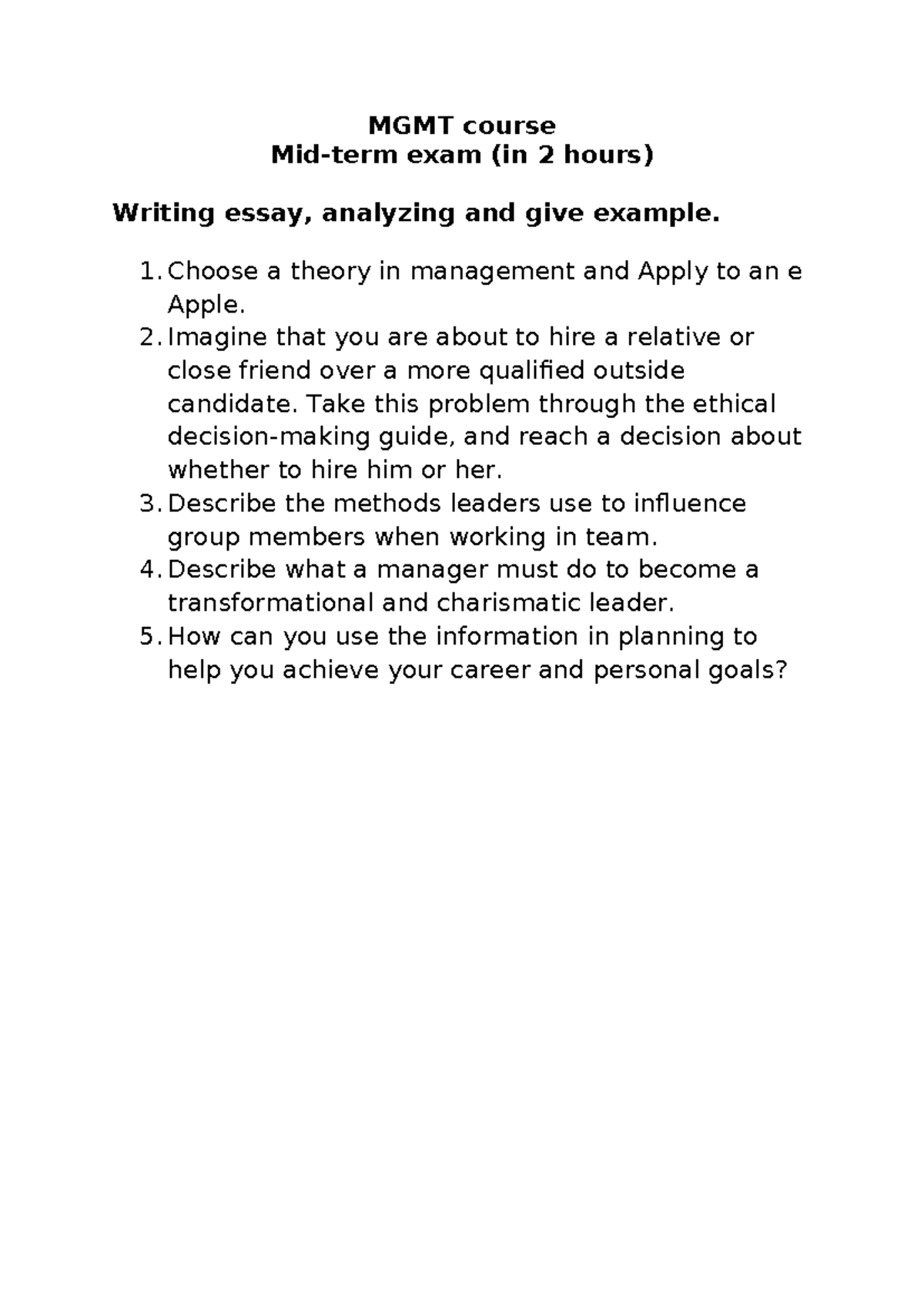 MGMT 101: Midterm Exam Prep - Theory, Ethics, and Leadership - Studocu