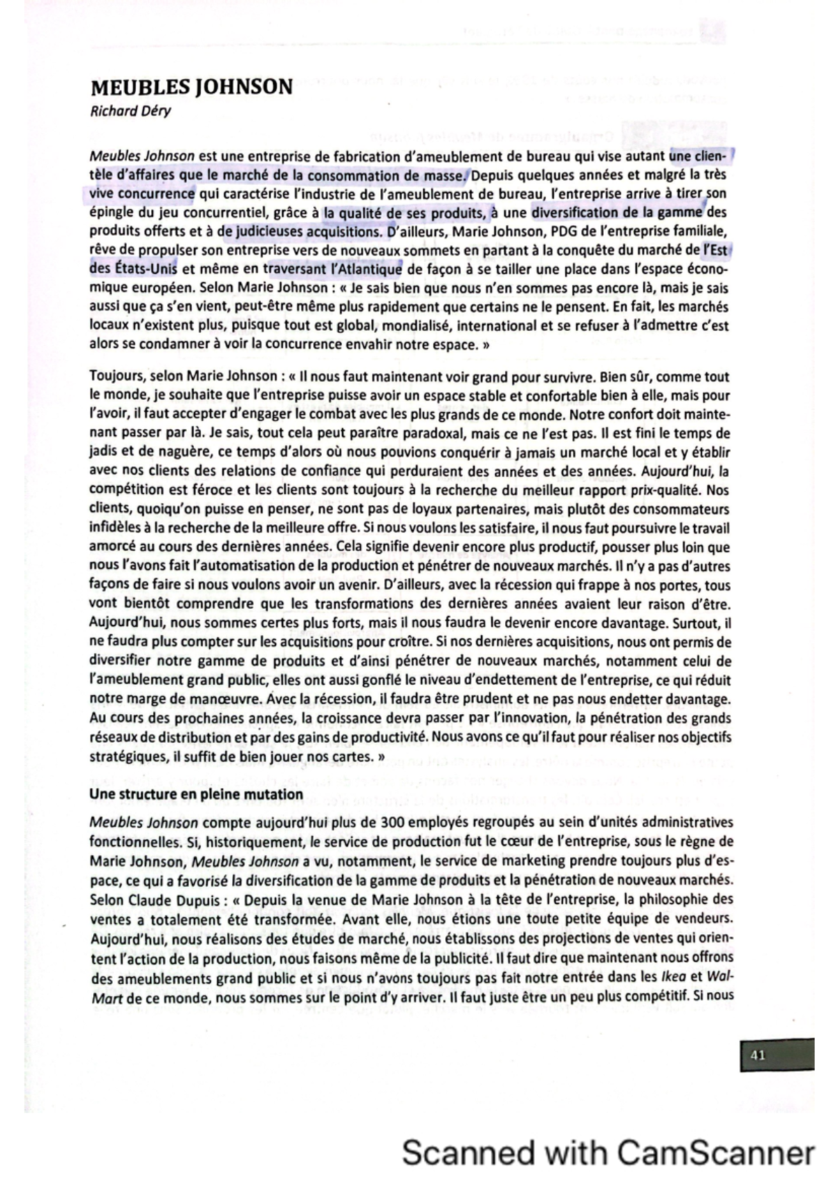 Étude de cas sur les stratégies de l'entreprise Johnson Meubles - Studocu