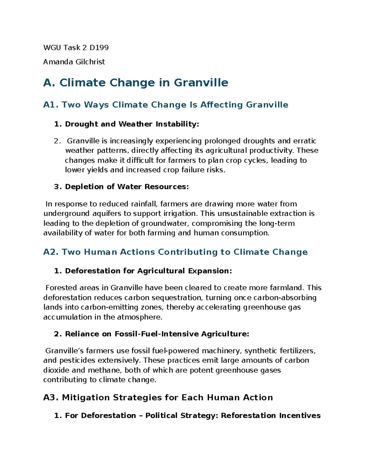 Task 2 D199 - Climate Change Impacts and Solutions in Granville - Studocu
