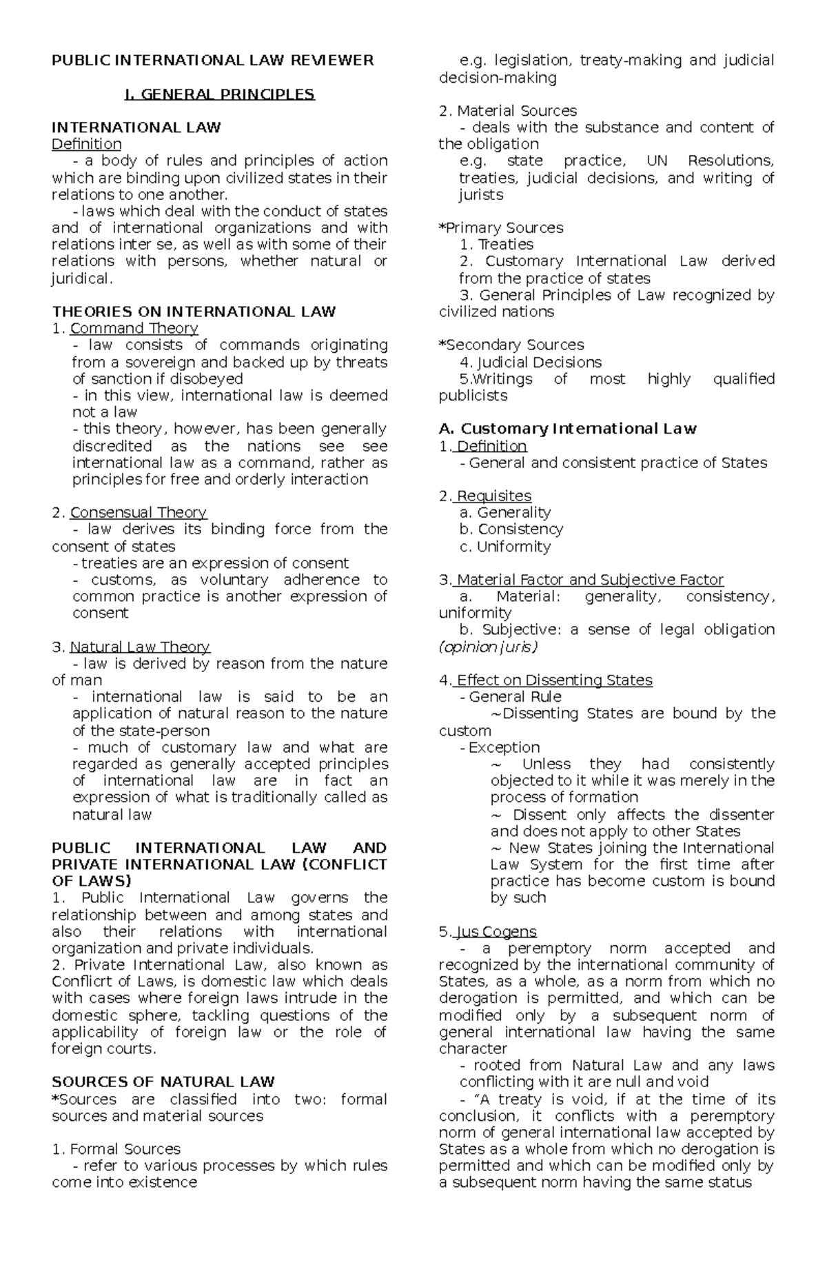 PUBLIC INTERNATIONAL LAW (PIL) Reviewer and Key Concepts Insights - Studocu