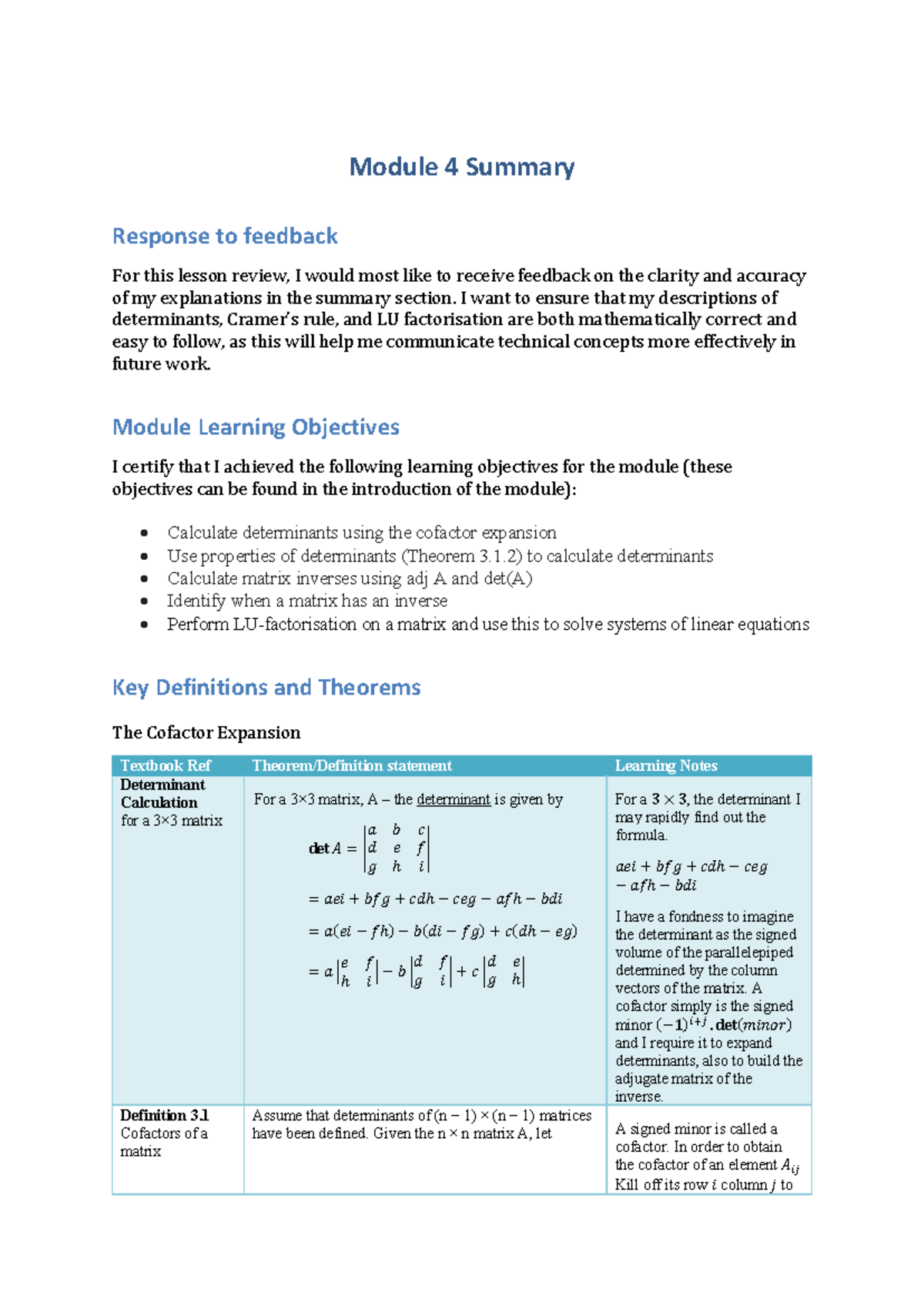 Module 4 Summary: Determinants, Cofactors, and LU Factorisation - Studocu