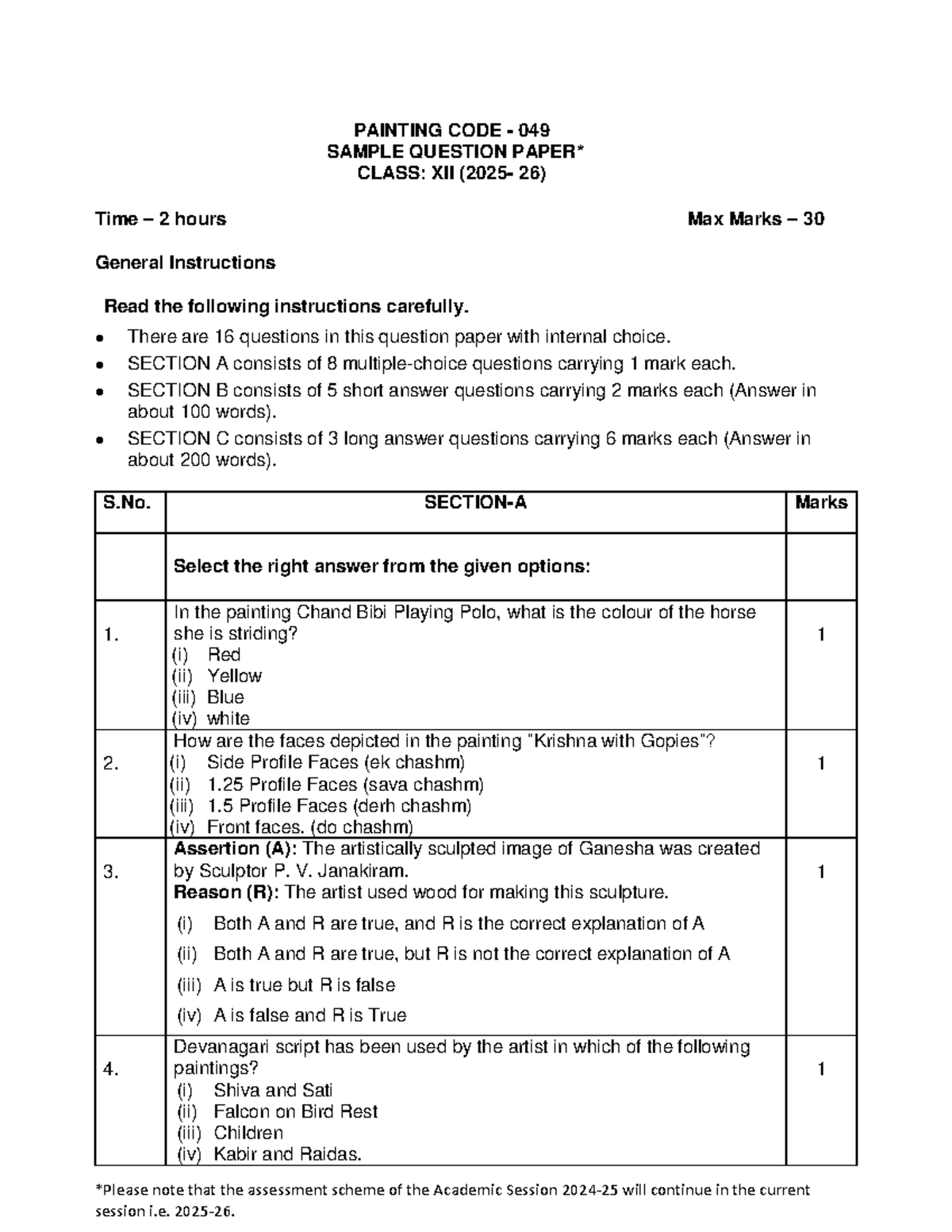 PAINTING CODE 049 SAMPLE QUESTION PAPER CLASS XII - 2 HRS, 30 MARKS ...