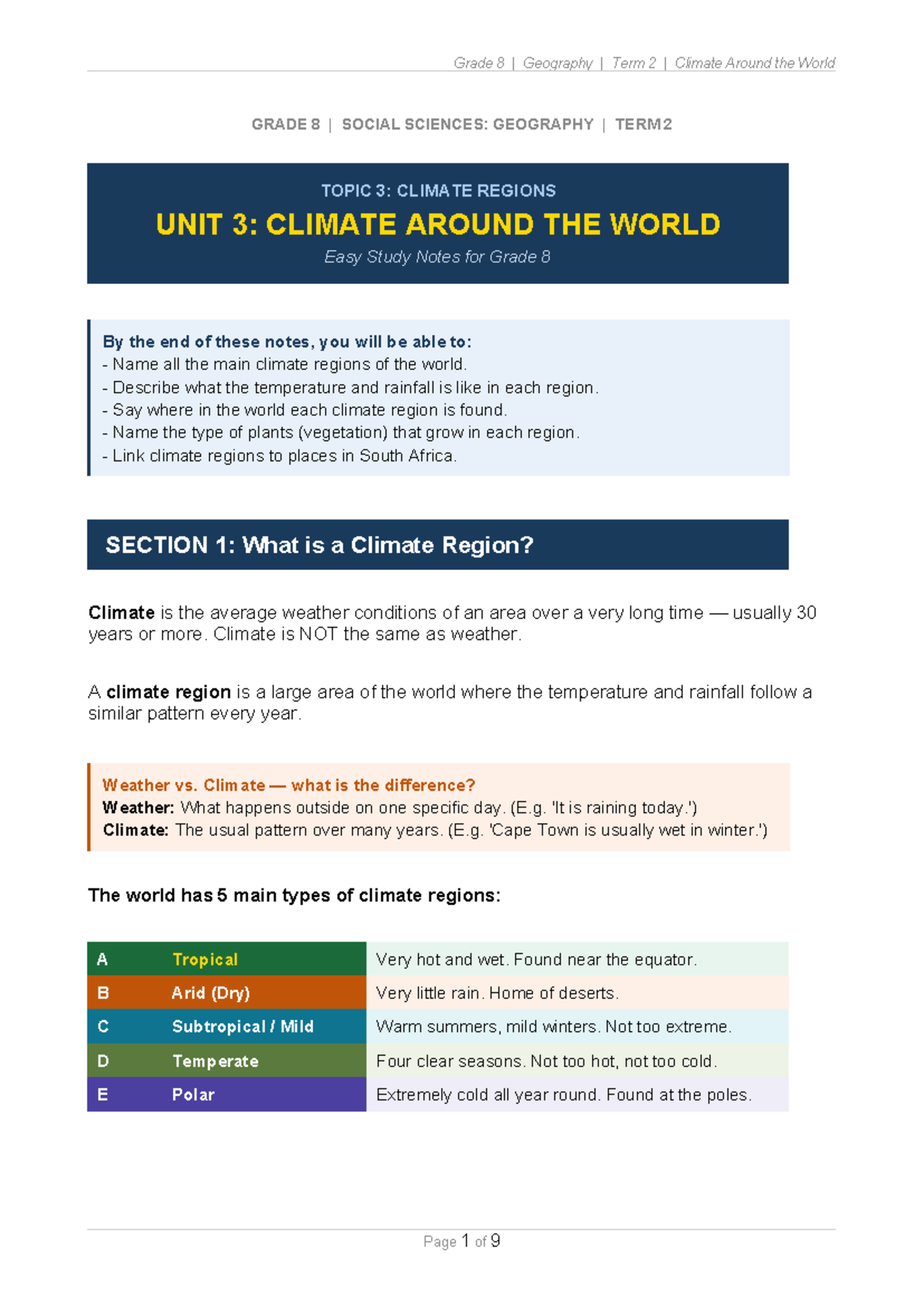 Grade 8 Geography Term 2: Climate Regions Simplified Study Notes - Studocu