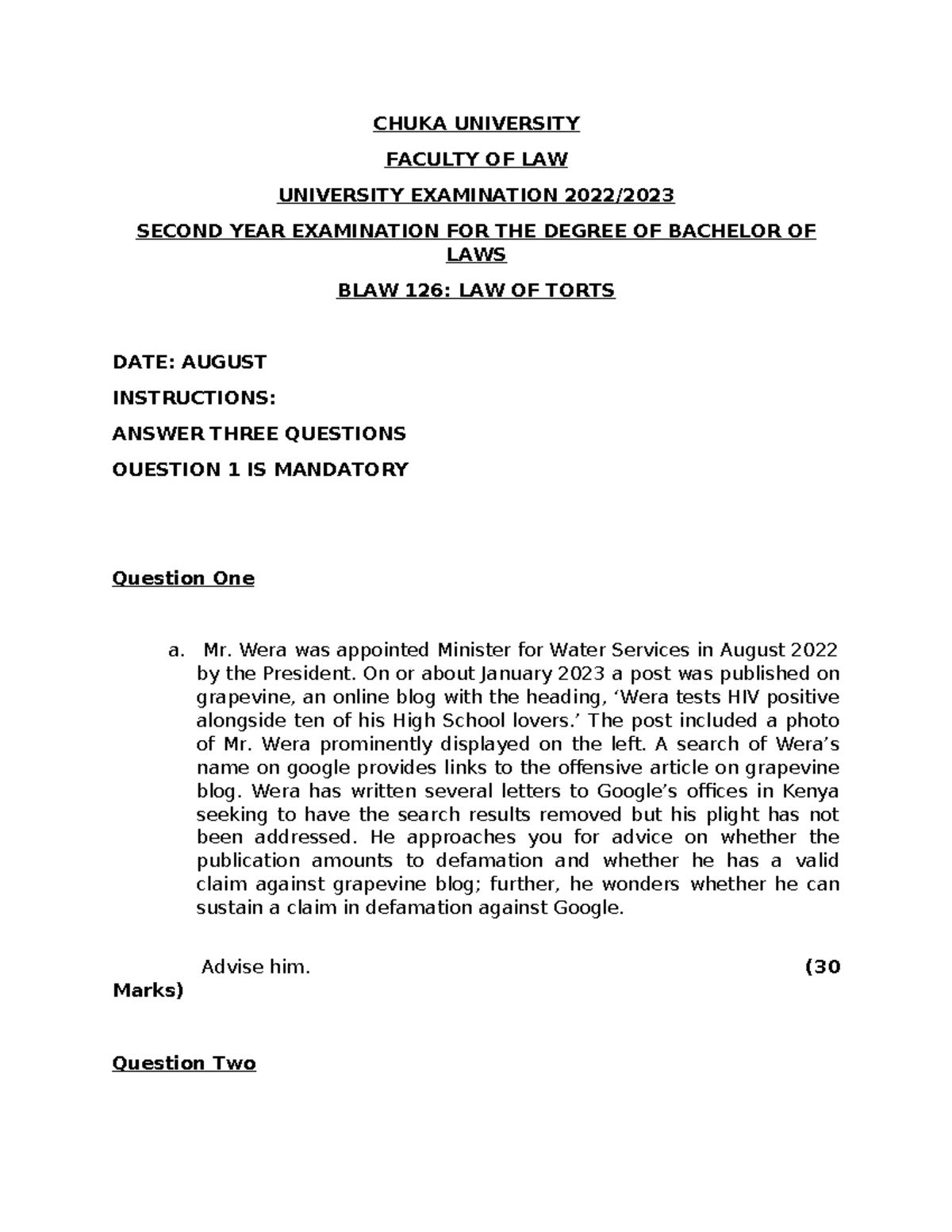 BLAW 126: Important Questions for Tort Law Final Exam - Studocu