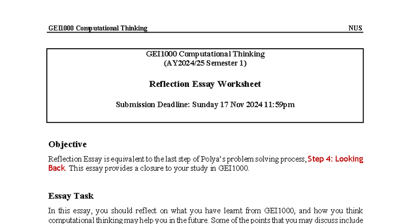 NUS Computational Thinking Semester 1 Reflection Essay Worksheet - Studocu