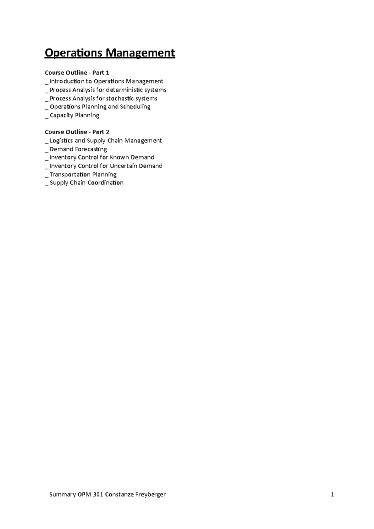 Summary of OPM 301 Operations Management Lectures - Studocu